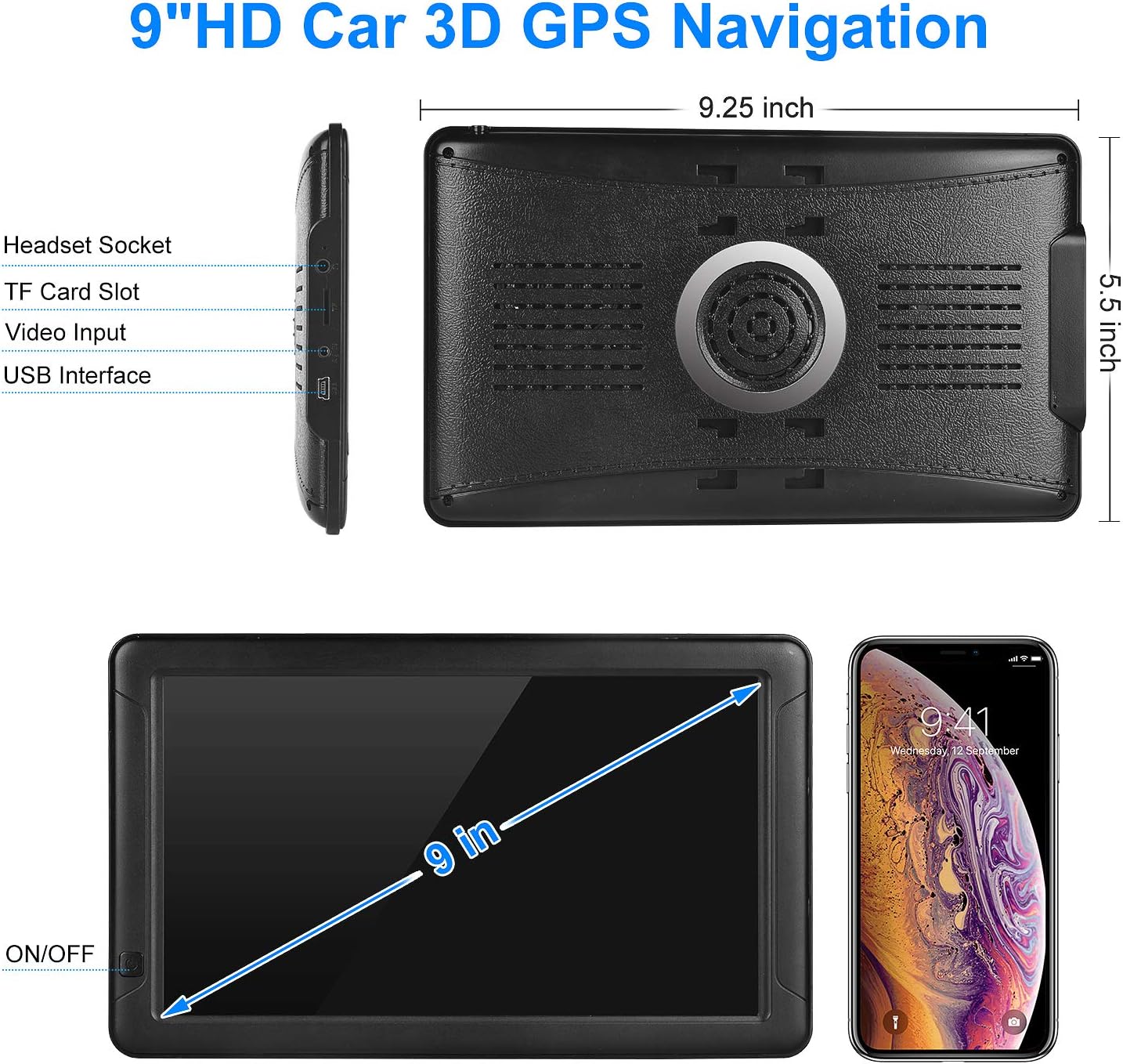 GPS Navigation for Car （9 Inch） Slimline Touch Screen Real Voice Direction ，USA Edition 2025 (Free Lifetime Updates) Turn-by-Turn Voice and Lane Guidance, Speed and Red Light Warning (American Brand)