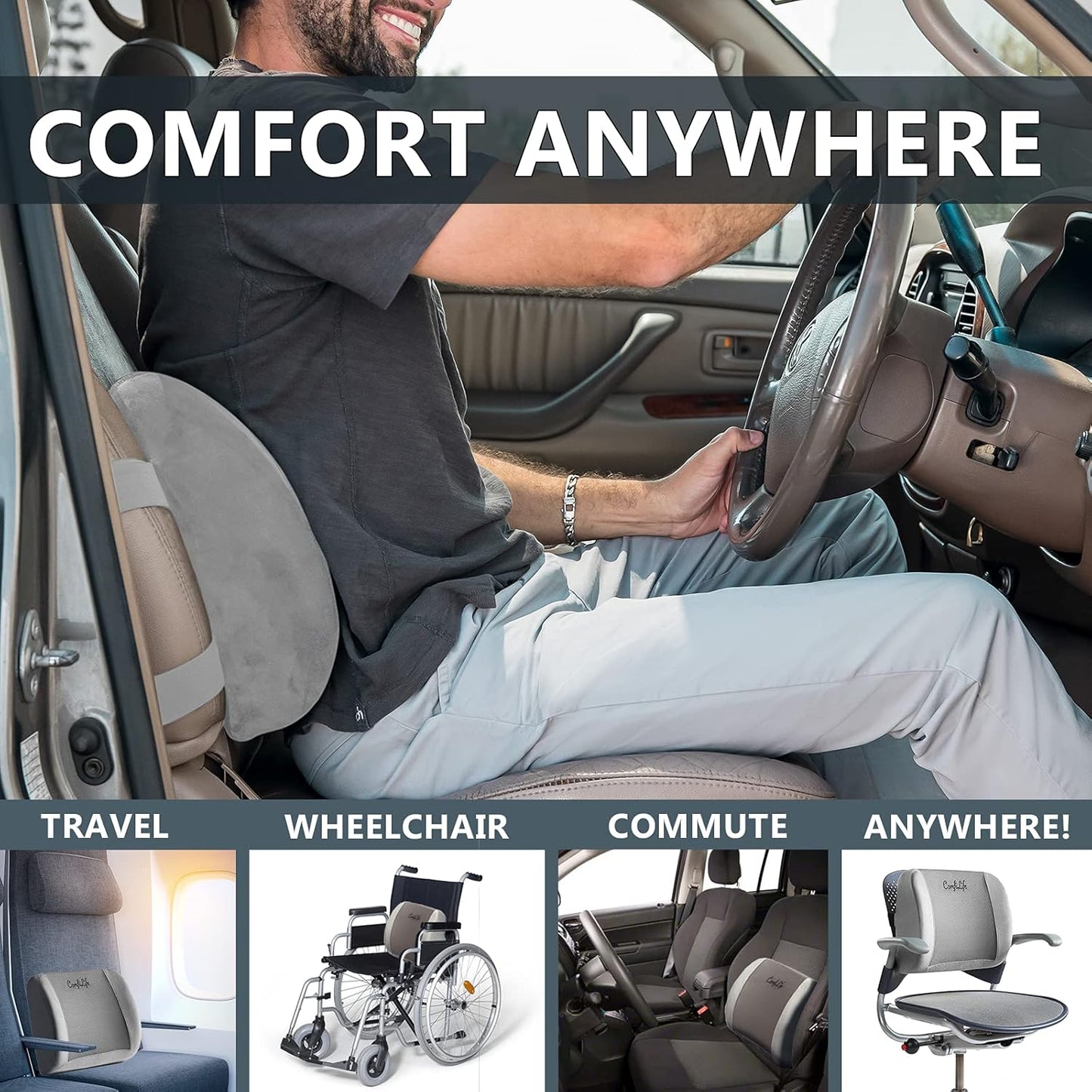 ComfiLife Lumbar Support Back Pillow Office Chair and Car Seat Cushion - Memory Foam with Adjustable Strap and Breathable 3D Mesh (Gray)