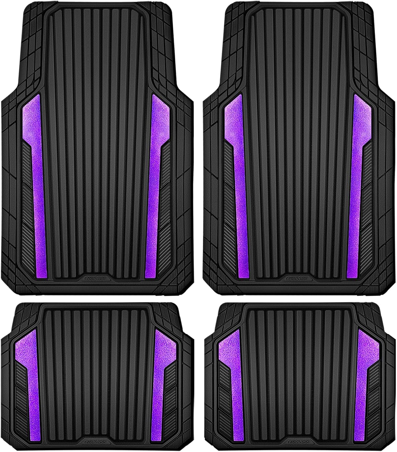 CAR PASS Heavy Duty Rubber Car Mats Metallic,Aluminum Film All Weather Floor Mats Waterproof Universal Trim to Fit SUVs Sedans Vans 4 Piece Anodized Deep Dish Two-Tone Sporty Black Purple Chrome