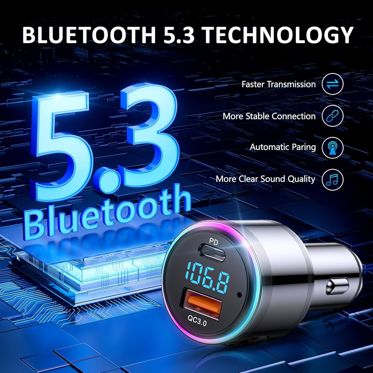 Bluetooth Transmitter for Car, LENCENT Full Metal Bluetooth 5.3 Car Adapter Dual USB Fast Charging 48W(PD 30W & QC3.0 18W), Wireless FM Radio Transmitter with Hi-Fi Music, Hands-Free Calling