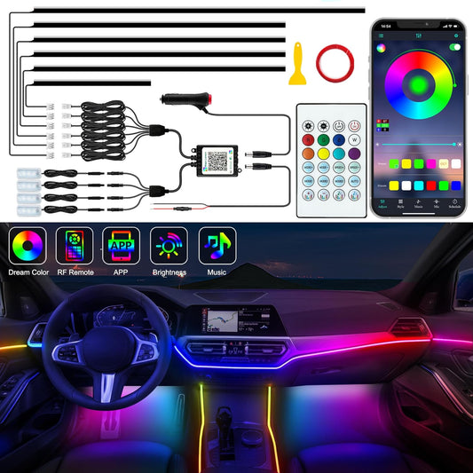 Interior Car LED Strip Lights, Acrylic LED Lights for Car with Dynamic Dreamcolor Chasing, Ambient Lighting Kits Music Sync Wireless APP and RF Remote Control (10 in 1)