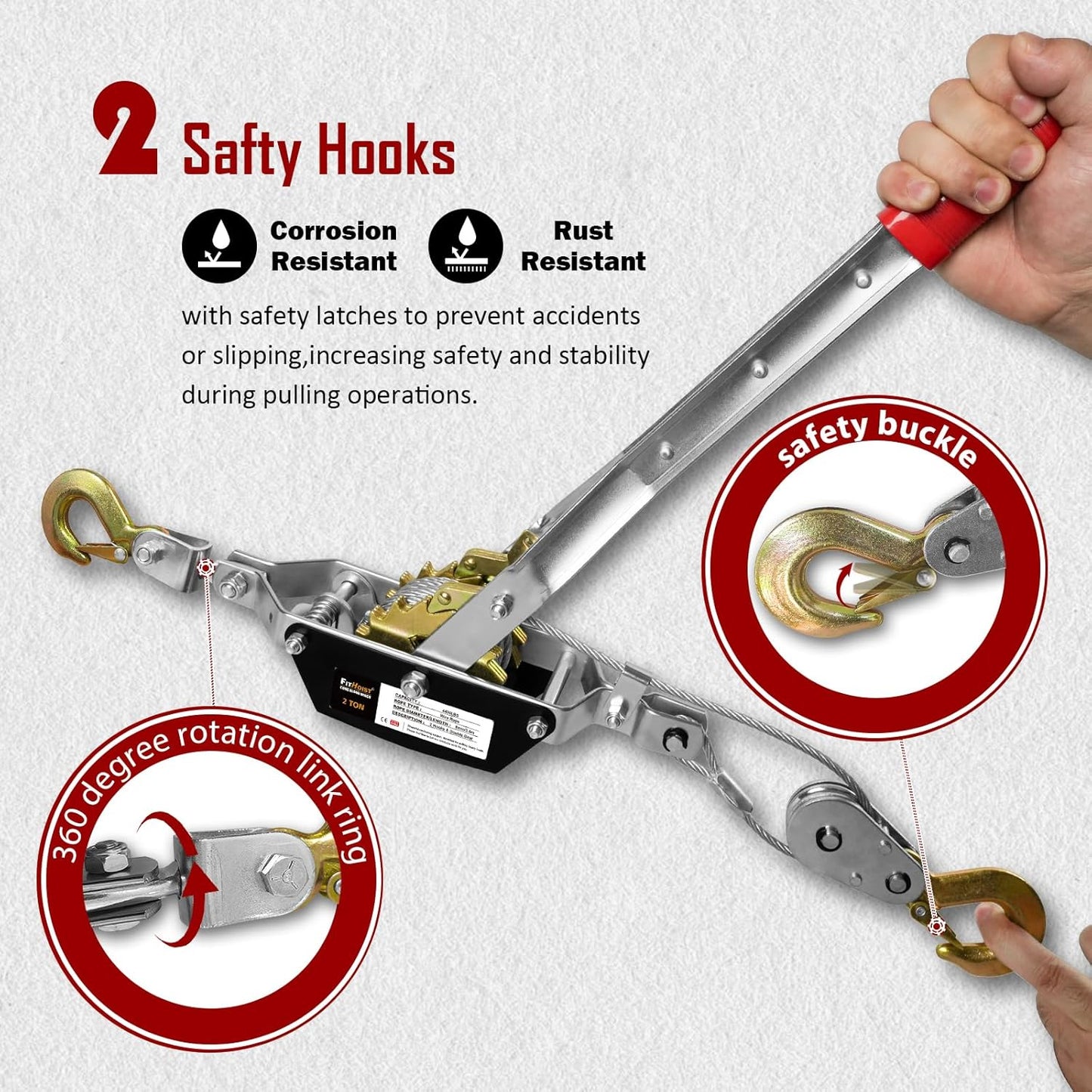 Come Along Winch 2T,Pulling Capacity 12 FT Steel Cable 2 Hooks,Heavy Duty Come Along Tool with Dual Gears,Heavy Duty Hoist Cable Puller for Vehicle Rescue