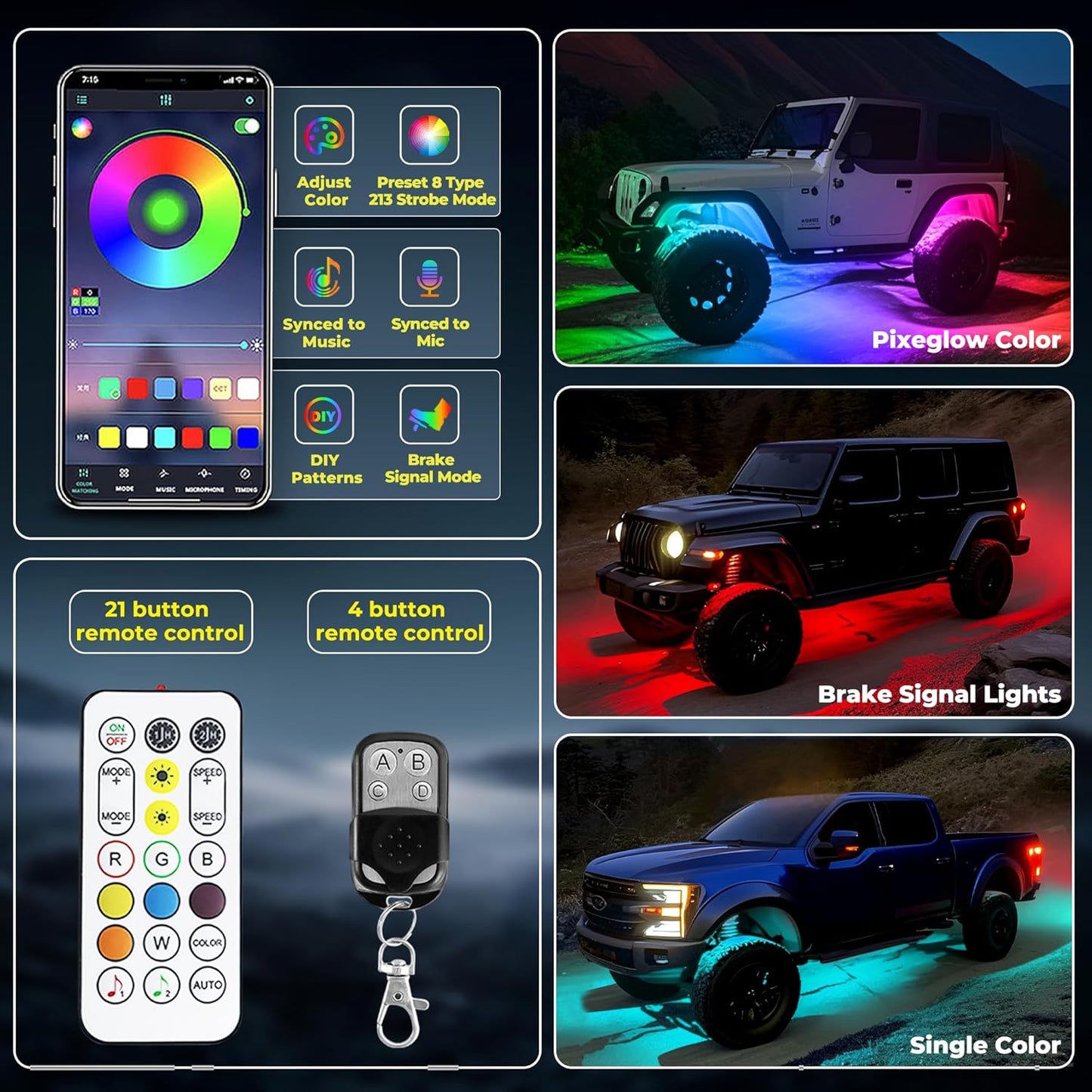 4 Pods 84 LEDs 5 Sides RGB Rock Lights, App/Remote Control Rock Lights for Trucks, Waterproof Multi-Color Bright Underglow Kits with Music Mode, Compatible with 12V-24V Jeep UTV SUV ATV Golf RZR
