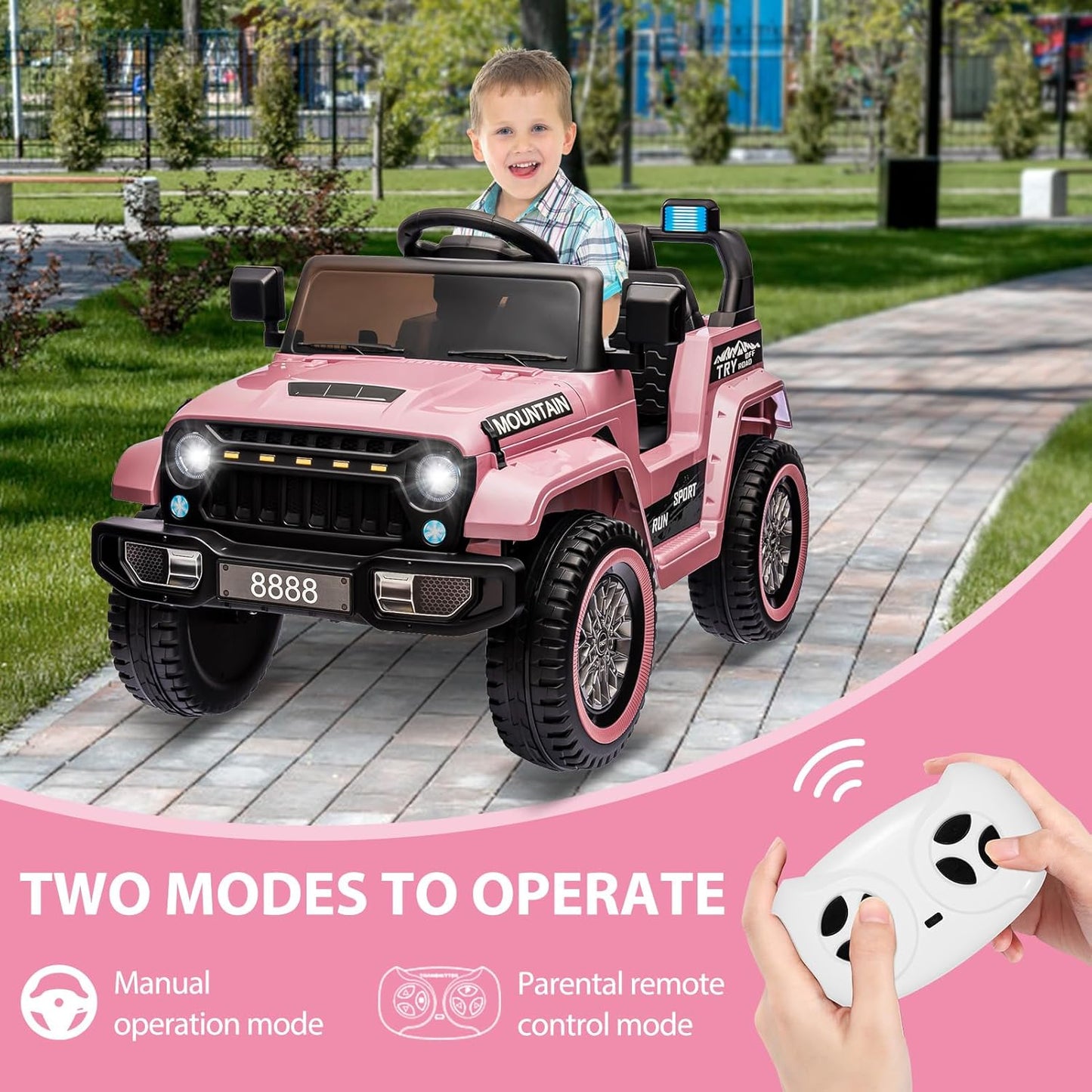 12V Kids Ride on Truck Car, 4 Wheeler Electric Vehicles with Remote Control, Spring Suspension, 3 Speeds, LED Lights, Music, MP3, Battery Powered Ride on Toy Gift for Boys Girls, Light Pink