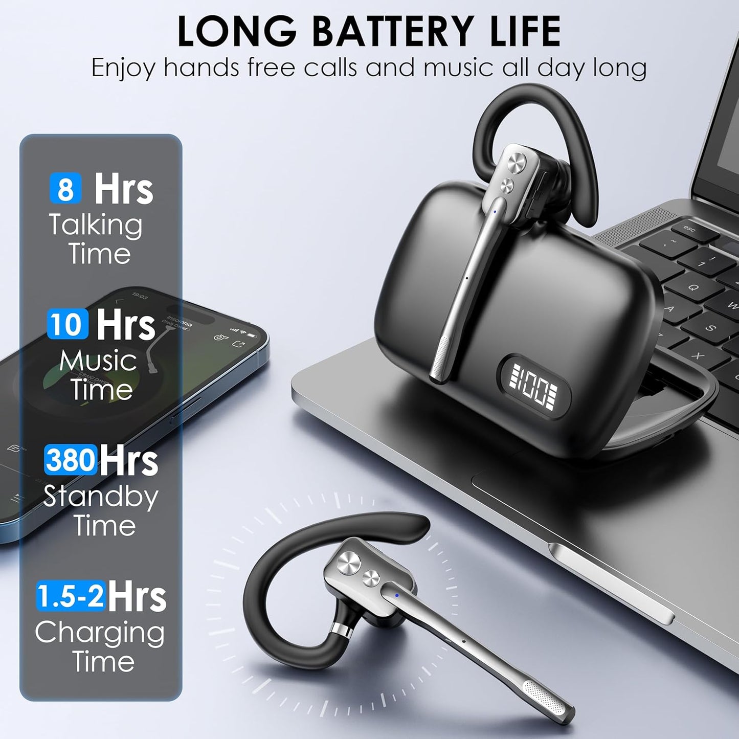 Bluetooth Headset, Wireless Bluetooth Earpiece with Dual-Mic & Noise Canceling, Single Ear Headset with Mute for Business, Remote Work, V5.3 Hand-Free headset for iOS Android Cell Phone (Gunmetal)