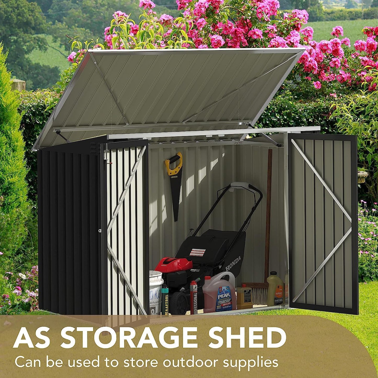Devoko Outdoor Storage Shed 5.8 x 3.3 FT Metal Trash Shed Waterproof Outside Storage with Lid Chain Hydraulic Gas Rod for Trash Can Weeding Tools