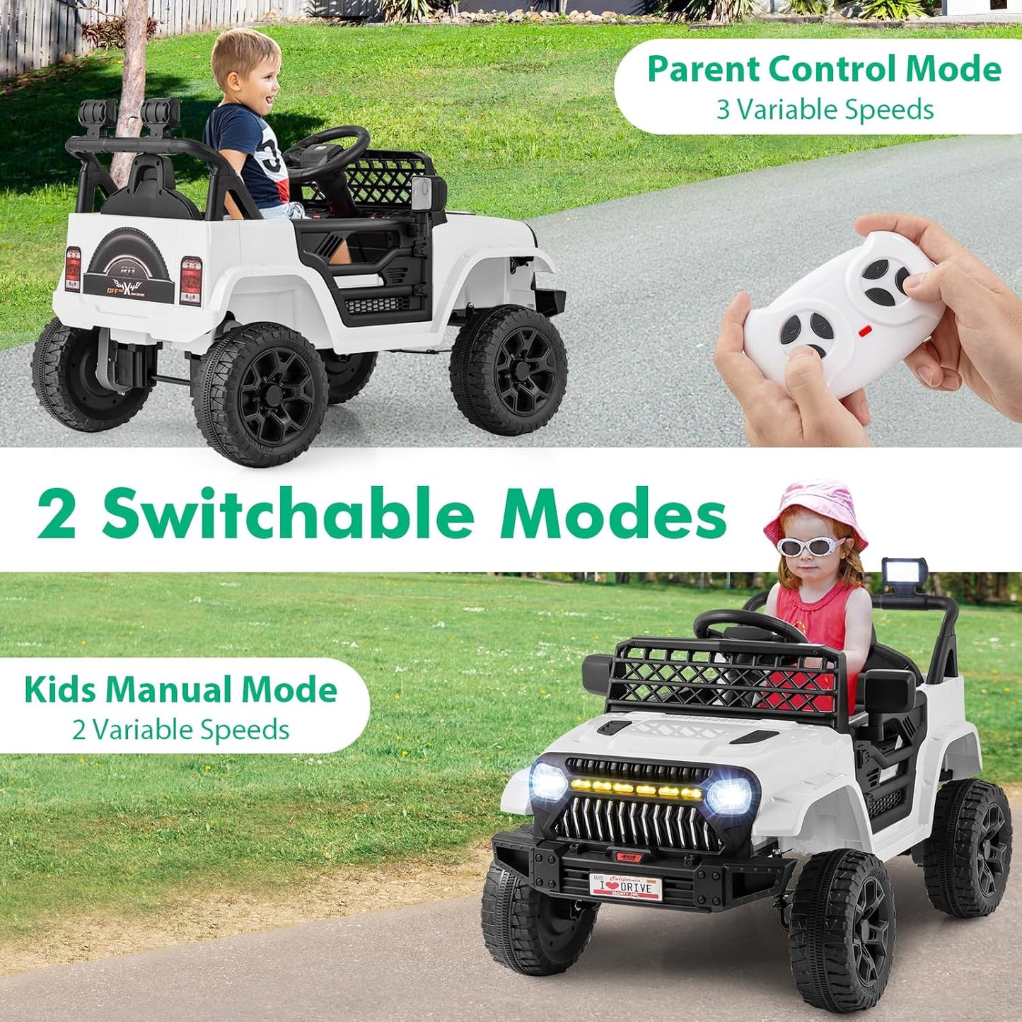 Costzon Kids Ride On Truck, 12V Battery Powered Electric Vehicles w/Remote Control, Spring Suspensions, 3 Speeds, Music, Lights, Wireless Connection, Ride on Car for Boys & Girls 3+ (White)