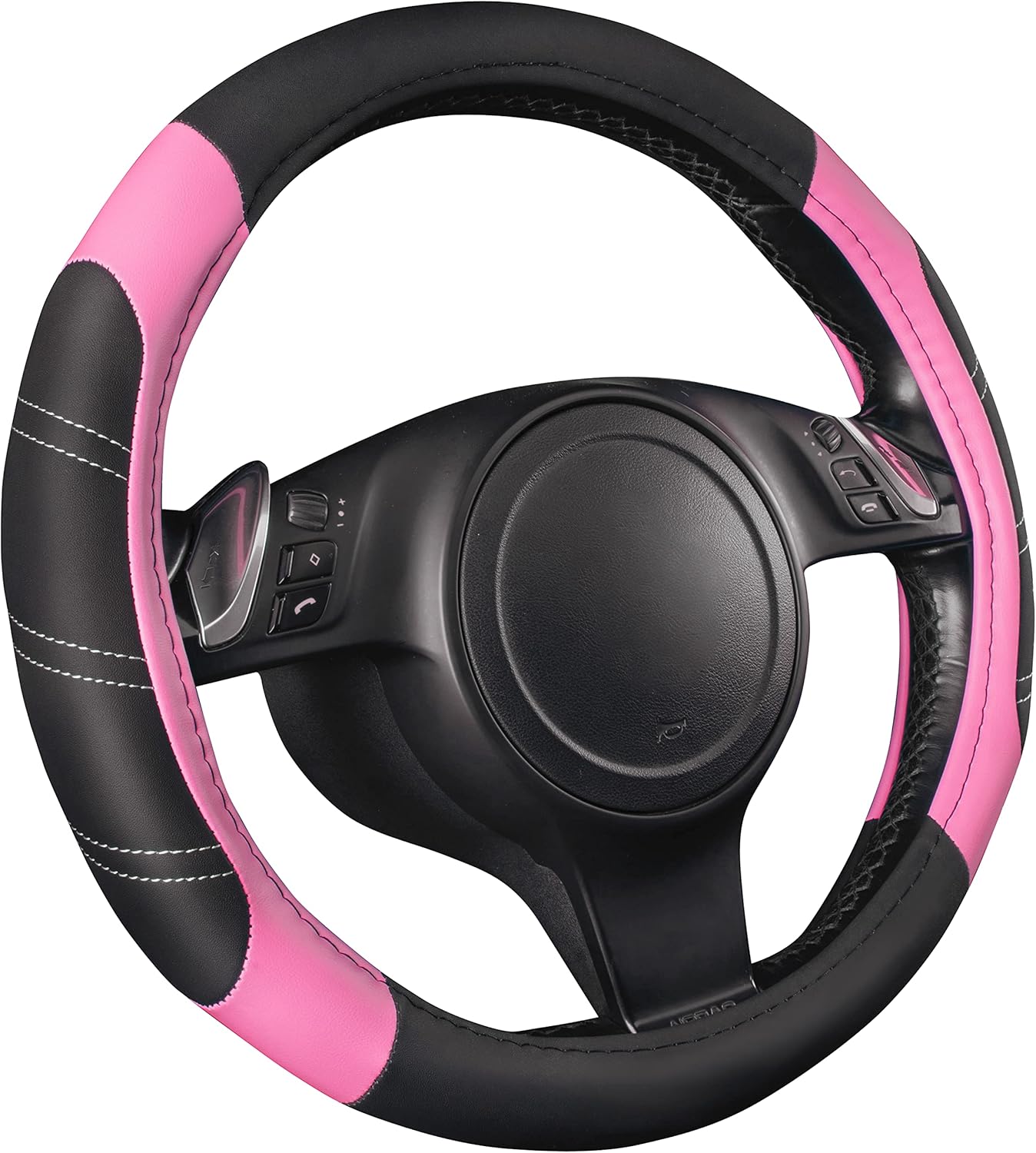 CAR PASS Line Rider Microfiber Leather Sporty 14.5-15 inch Steering Wheel Cover Universal Fits for 95% Truck,SUV,Cars, Anti-Slip Safety Comfortable Design (Black Pink)