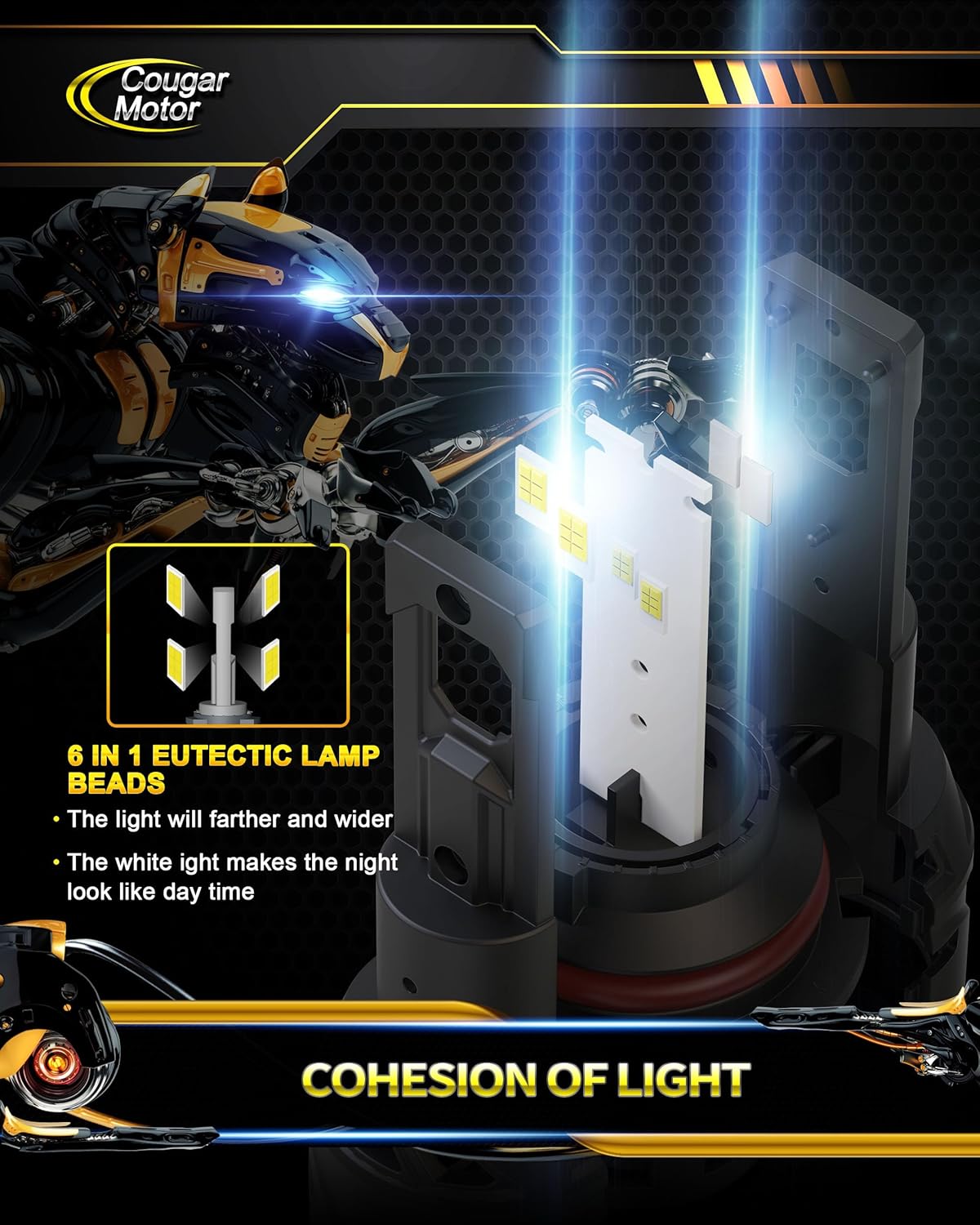 Cougar Motor 9007 Bulbs, HB5 Fog Lights 6500K White Non-Polarity 9007 Fog Bulb or Off-Road Use Plug and Play - Pack of 2