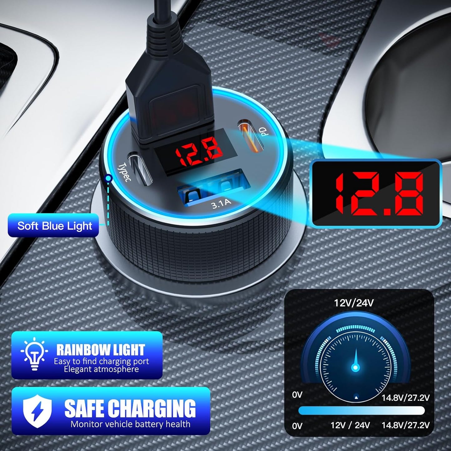 Car Charger with USB C Cable, 78W 4 Port Car Phone Charger Adapter Fast Charging, Dual USB C Car USB Adapter for iPhone 16 15 14 13 12, iPad, Samsung Glaxy, Android (Black & Cable)