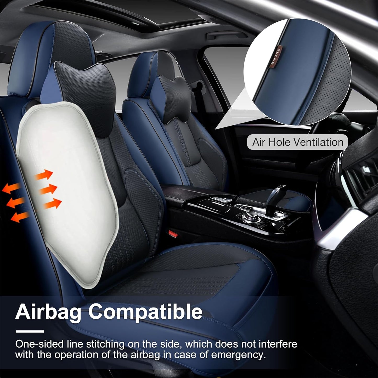 Front Seat Covers, 2 Pieces Universal Seat Covers for Cars, Waterproof Leather Auto Seat Protectors with Head Pillow, Car Seat Cushions Fit for Most Sedans SUV Pick-up Truck, Black&Navy