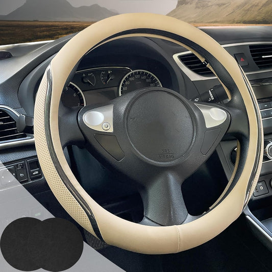 Car Steering Wheel Cover Beige, 14.5-15 inch Steering Wheel Covers with Coasters Microfiber Leather Carbon Fiber Breathable Anti-Slip Durable Universal Auto Steering Wheel Protective