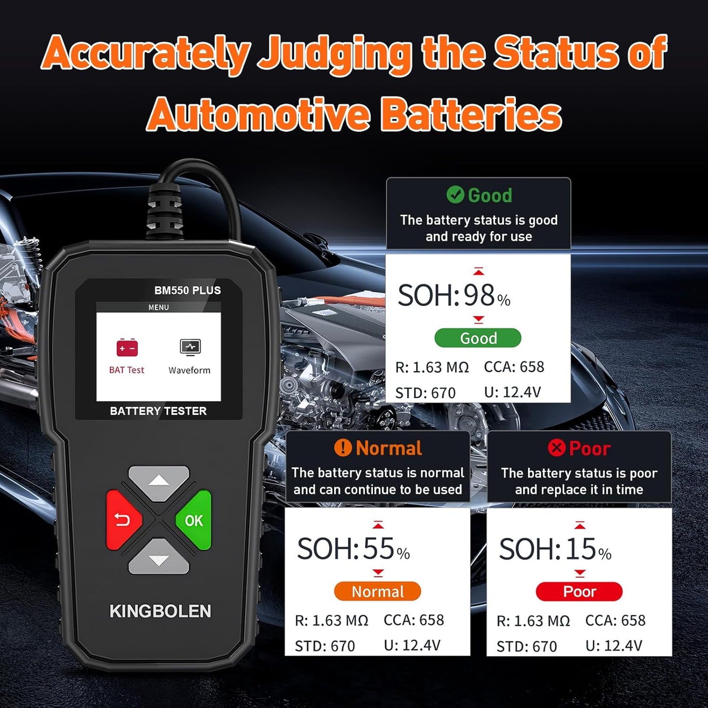 KINGBOLEN BM550 Plus 6V-24V 100-2000 CCA Car Battery Tester, Voltage Waveform Analyzer for Cars Trucks SUV Motorcycle