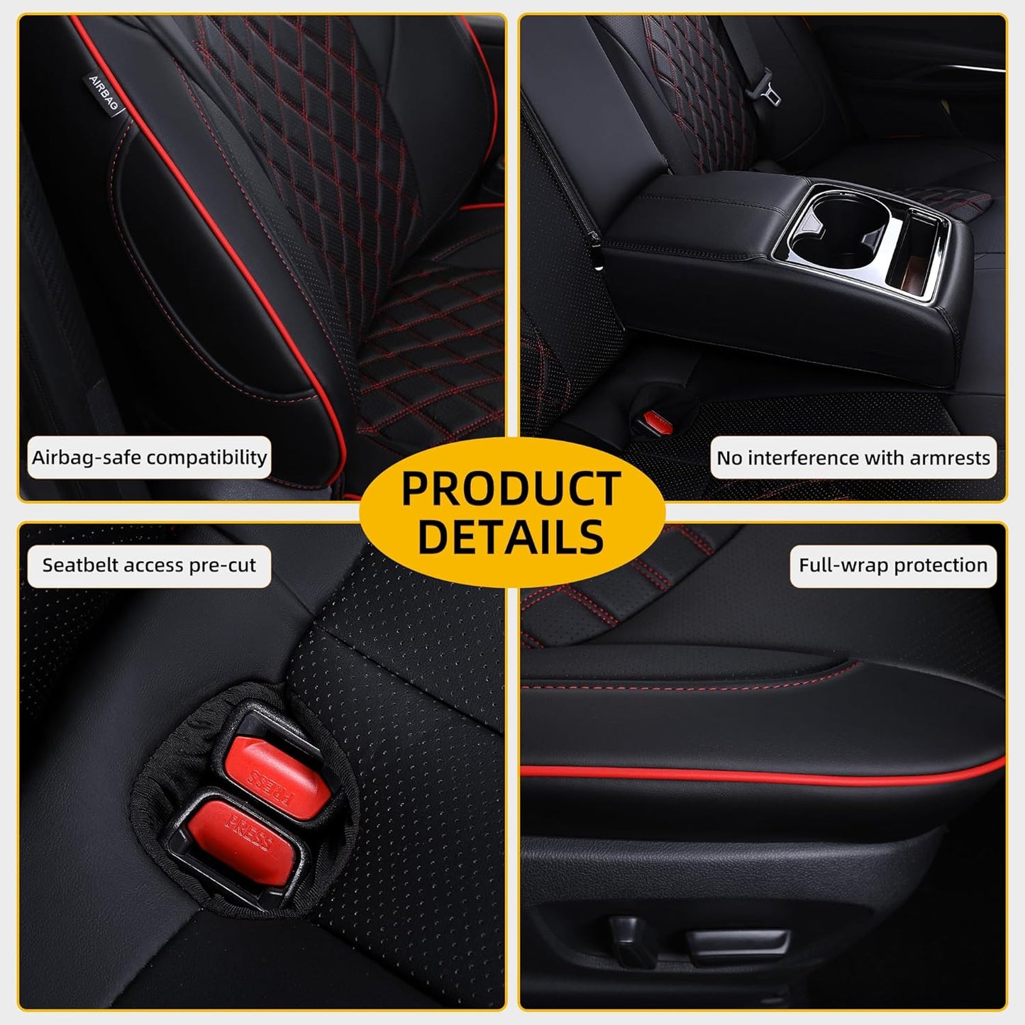 Custom Fit Camry Seat Covers for Toyota Camry Hybrid LE, Hybrid SE 2018-2024 Full Coverage Waterproof Breathable Leather Car Seat Covers Full Set (Black with Red Trim)