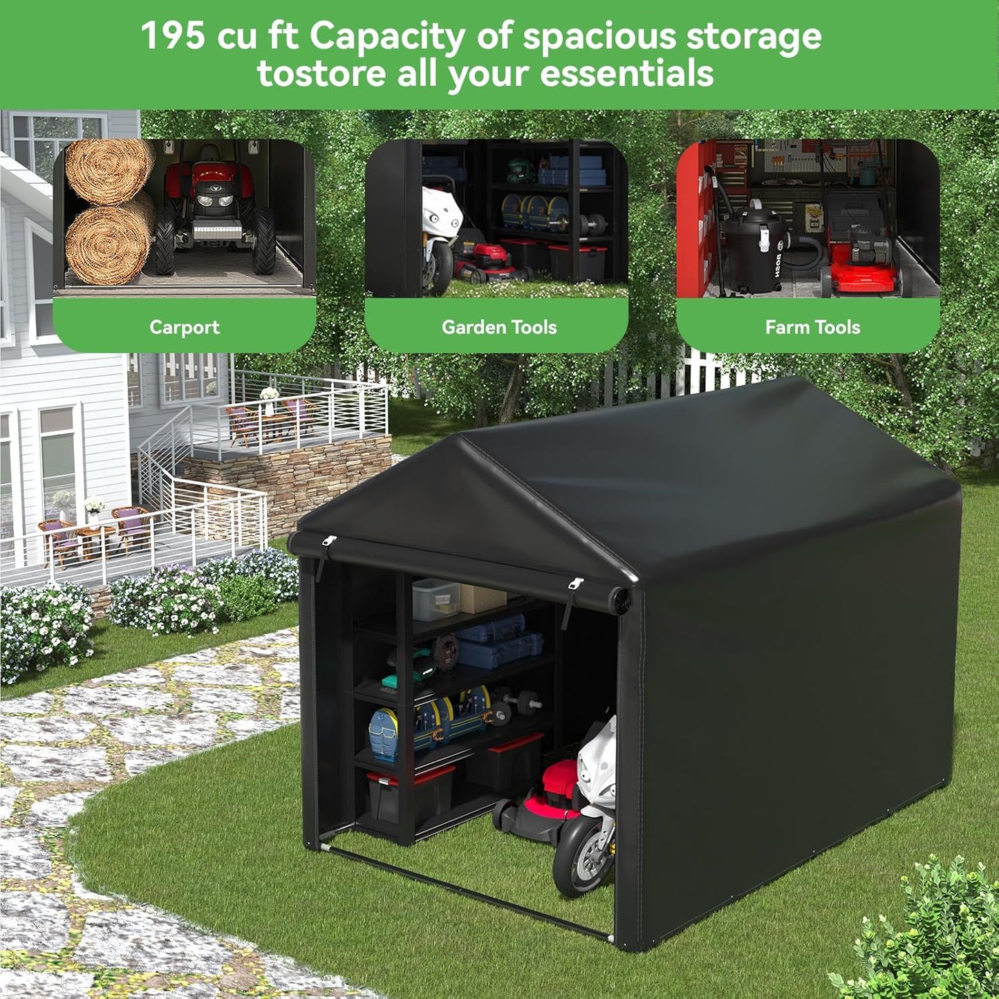 EROMMY 5x7 FT Carport Storage Shed, Heavy Duty Outdoor Storage Shed with Rolled up Zipper Door, Carport Canopy for Motorcycles, Bikes and Outdoor Tools