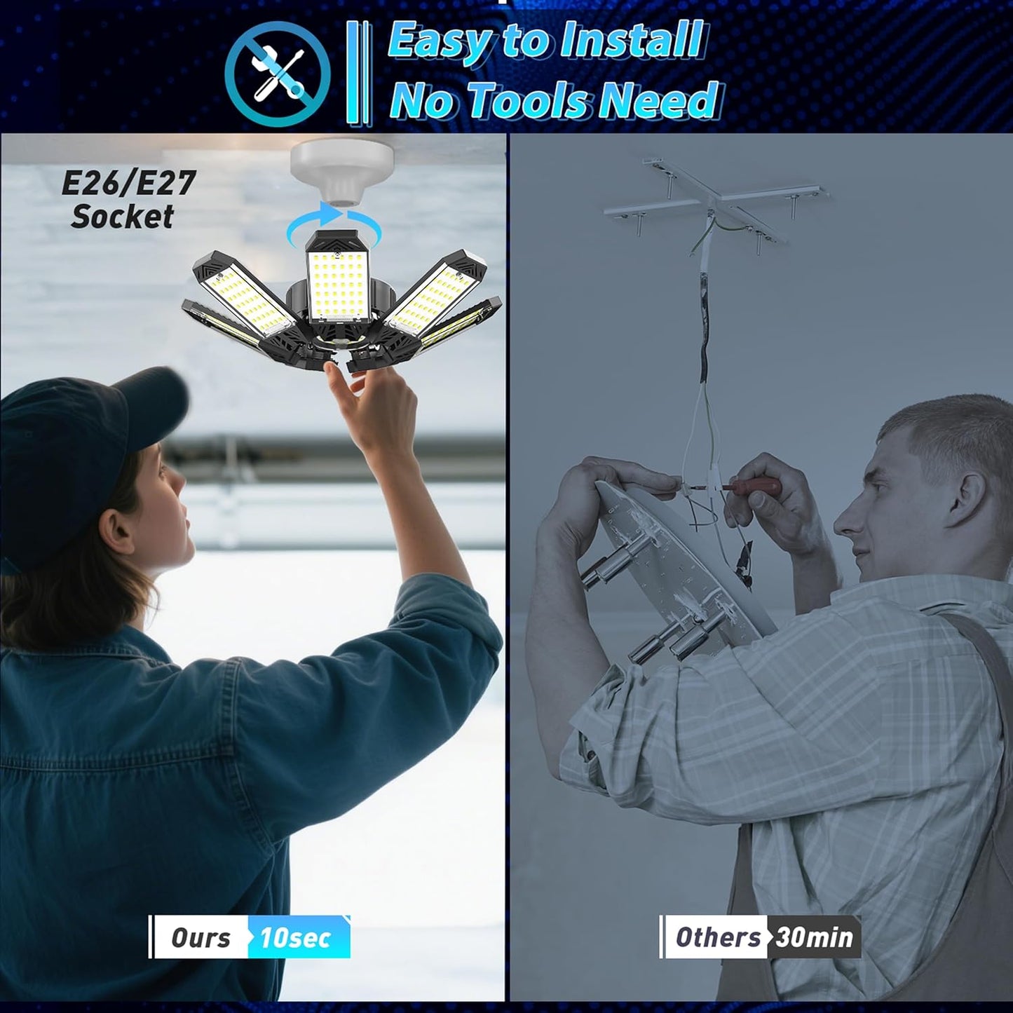 ISKYDRAW LED Garage Light 260W, 26000LM 6500K Garage Ceiling Lights with 8+1 Deformable Panels, Screw in E26 E27 Bulb Bright Bay Lighting for Basement, Shop, Workshop, Barn, Attic