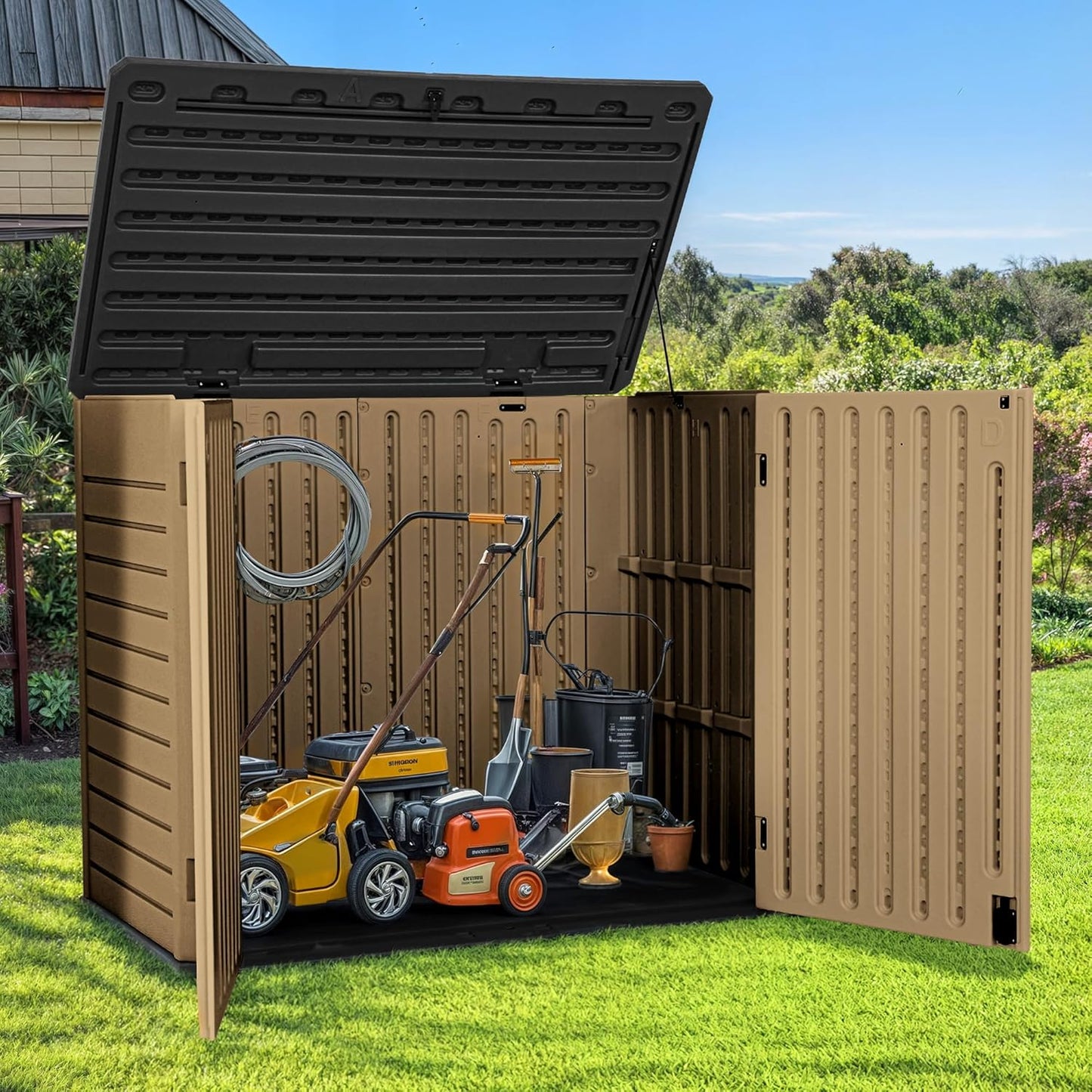 GOOBED Horizontal Shed with Padlock Latch, Outdoor Storage Shed for Backyard and Garden, 35 Cu Ft Small Storage, Waterproof, Easy Assembly, Brown
