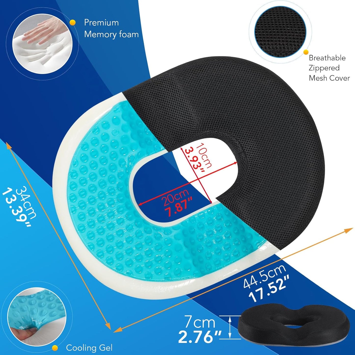 Donut Pillow for Office Chair Car Seat Cushion Cooling Gel Memory Foam Cushion Size:17.52"*13.39"*2.76"
