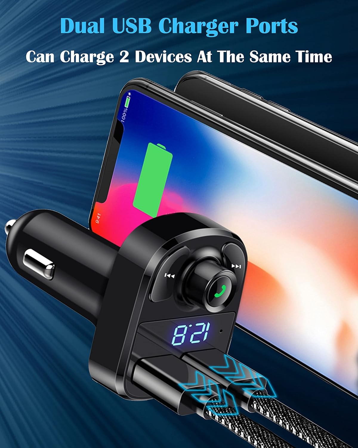 Handsfree Call Car Charger,Wireless Bluetooth FM Transmitter Radio Receiver,Mp3 Audio Music Adapter,Dual USB Port Compatible for All Smartphones,Samsung Galaxy,LG,HTC,etc.