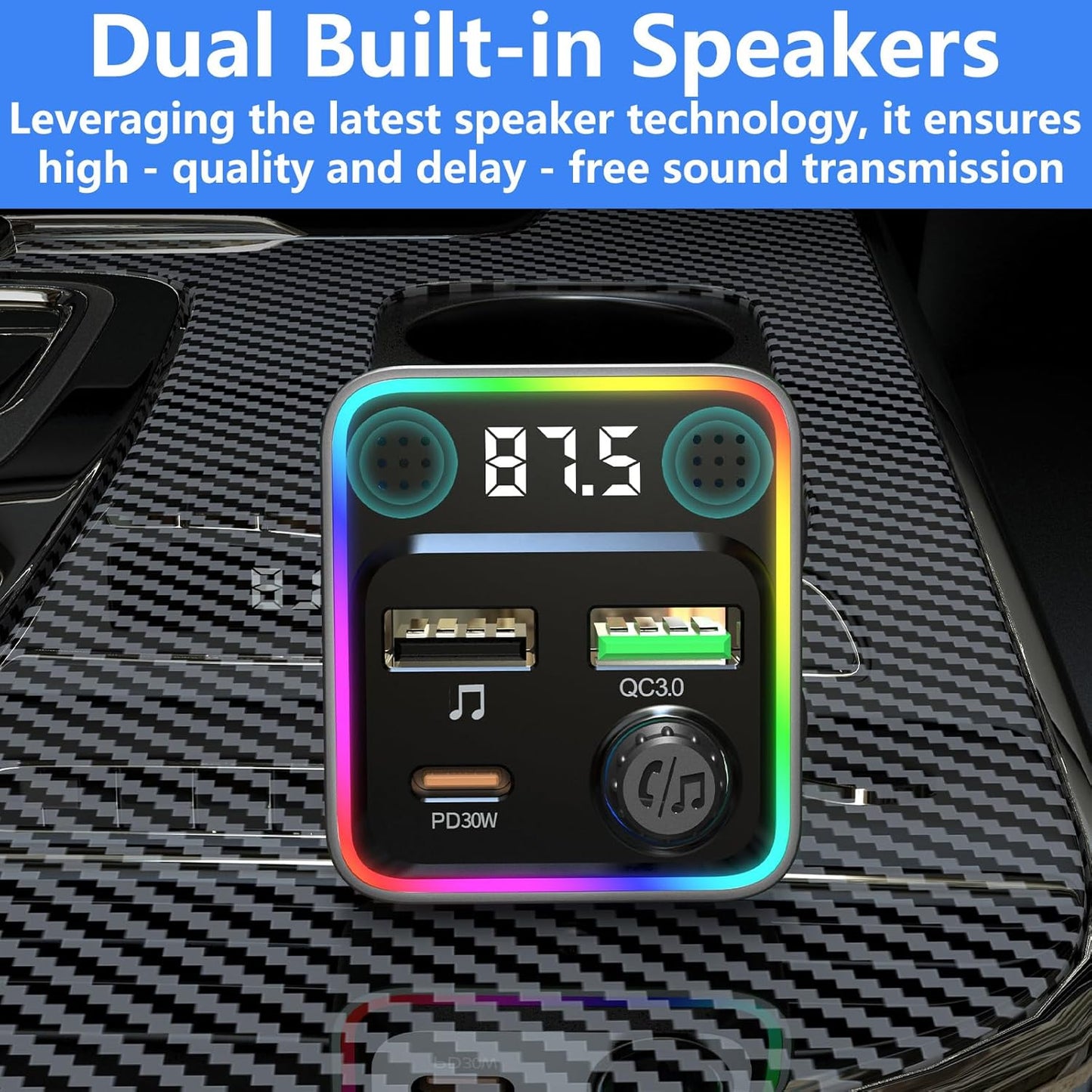 Bluetooth FM Transmitter for Car - Bluetooth Car Adapter with Type-C PD(30W) Charger, Dual QC3.0 USB Port, Aux Port - Support Handsfree Calling, 7 Colors Backlight, U Disk, MP3 Player