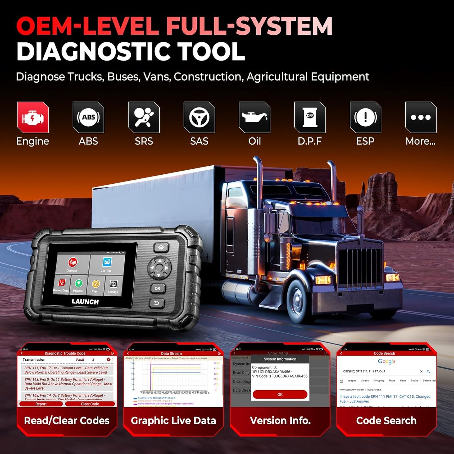 LAUNCH CRP129 HD Heavy Duty Truck Scanner, Full System Diesel Scanner with 7+ Resets, D.P.F Regen, Speed Limit Adjust, Oil Reset for Commercial Vehicles, Cummins, Detroit, Isuzu, Volvo&More