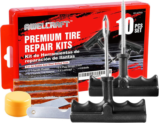 Economical Tire Repair Kit to Fix Punctures and Plug Flats, 10-Piece Value Pack, Ideal for Cars, Trucks, Motorcycles, ATV, with Storage case
