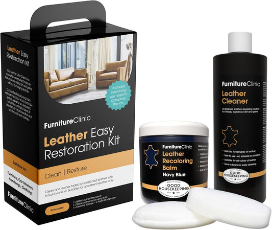 Furniture Clinic Leather Easy Restoration Kit | with Leather Recoloring Balm, Cleaner, Sponge, and Cloth | Leather Repair Kit for Scratched and Faded Furniture (Navy Blue)