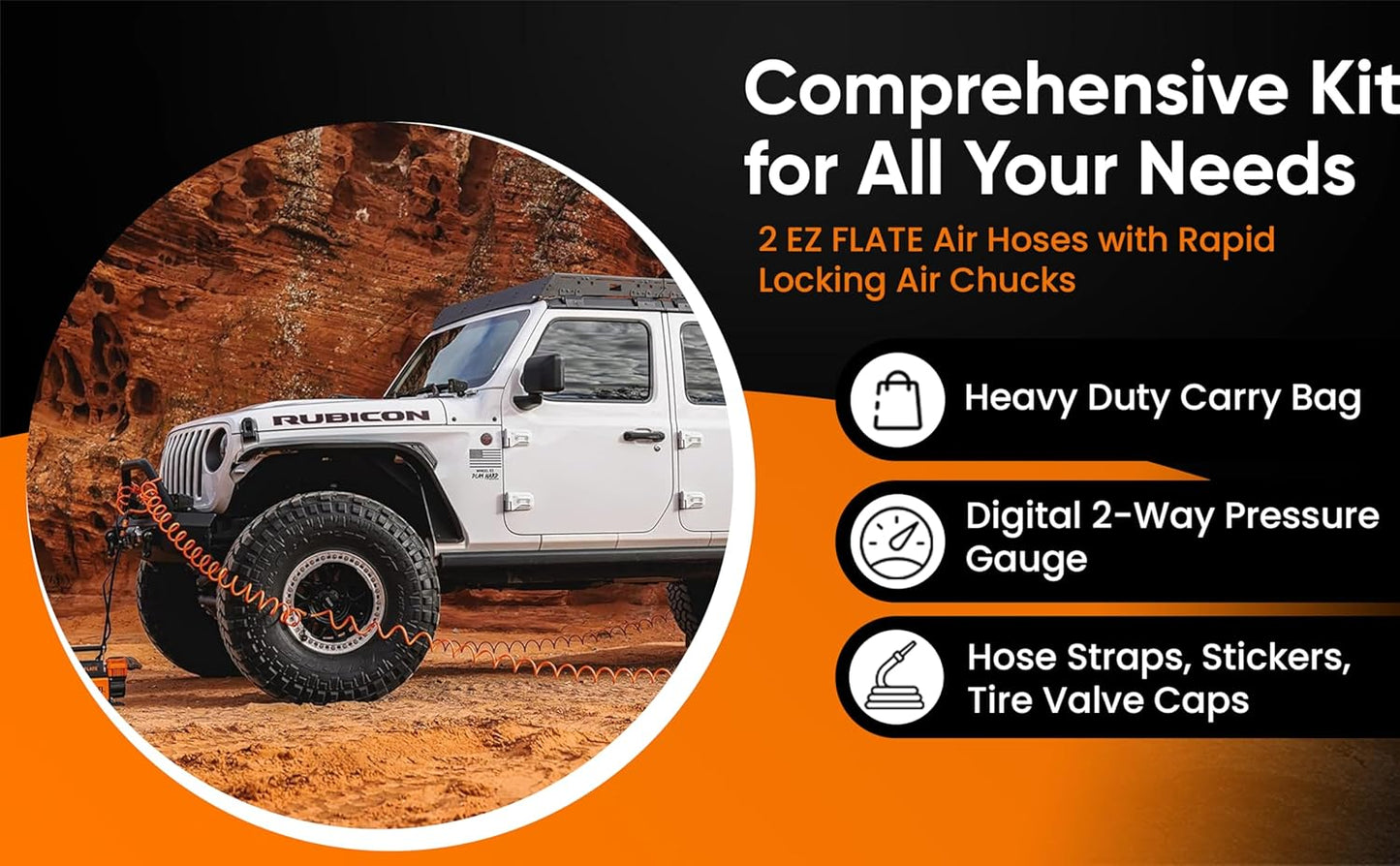 EZ FLATE 4 Tire Hose System | Heavy Duty | Truck or Car Tires | UTV Side By Side Tires | Fast Inflation | 4 Tires at Once | Auto Equalize | Quick Connest Air Chucks (Recoil Hose System)