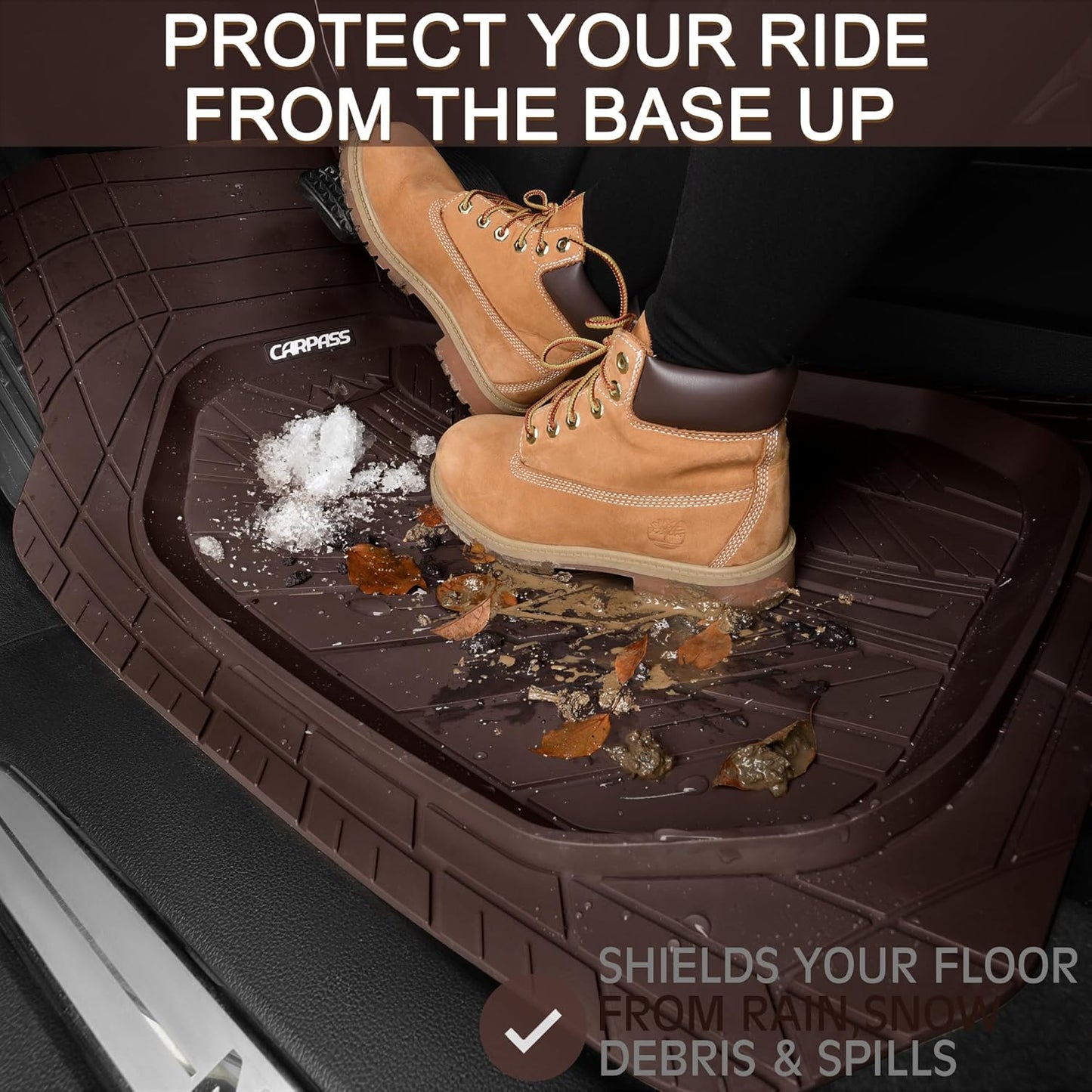 CAR PASS DeepDish Floor Mats for Cars Full Set,Heavy Duty Rubber Car Mats 3-Piece,Universal Waterproof Trim-to Fit Automotive Floor Mats for Truck Van SUV, Durable All-Weather Car Mats(Solid Browm)