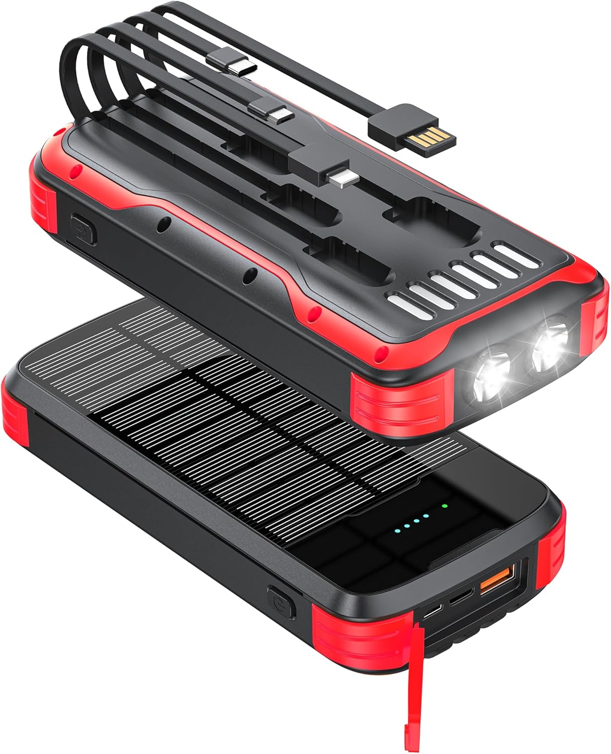 Solar Charger Power Bank, 40000mAh Portable Phone Charger Built in 4 Cables with USB C in/Output, PD 20W Fast Charging Portable Charger, External Battery Pack with Dual Bright Flashlights