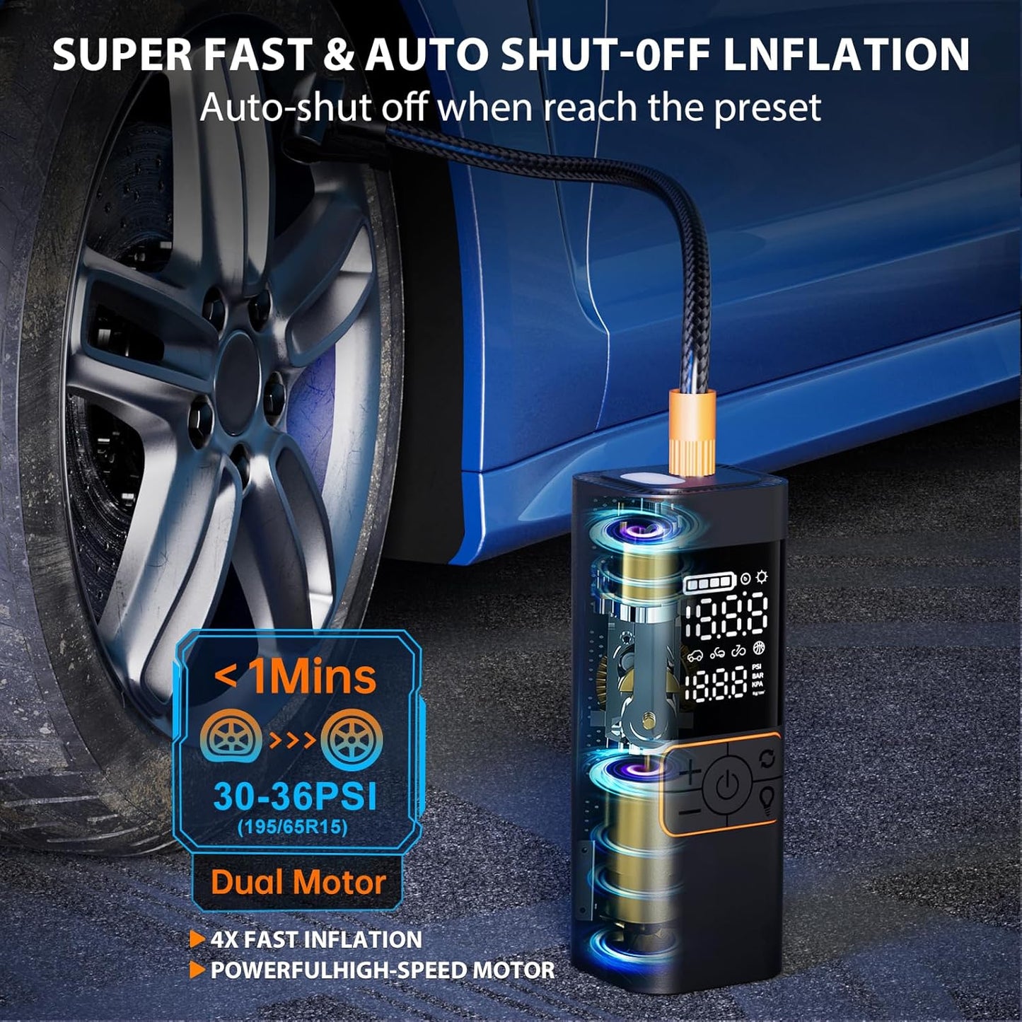 Tire Inflator Portable Air Compressor, 20000mAh 180PSI & 4X Faster Air Pump- with Digital Pressure Gauge, LED Light and Auto Shut, Cordless Air Pump for Cars, Bikes, Balls, Motorcycles and More.