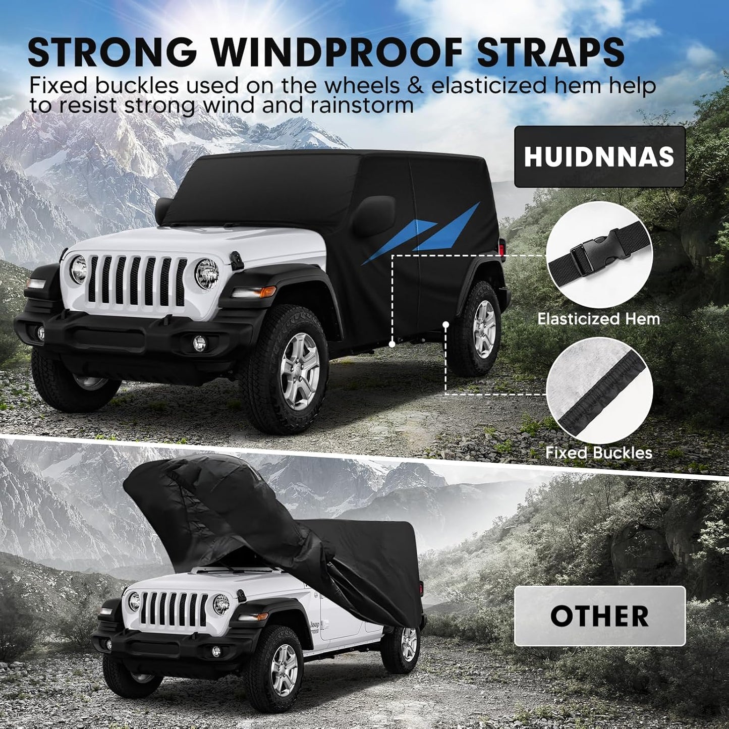 Car Cover for Jeep Wrangler JK JL 4 Door 2007-2025 Waterproof All Weather Car Covers with Door Zipper for Wrangler UV Protection Black
