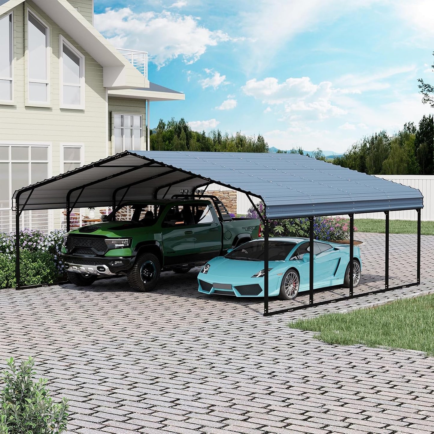 EROMMY 20x20FT Stable Metal Carport, All-Weather Heavy-Duty Carports with Strong Base, Sturdy Car Shed with Galvanized Steel Roof and Frame, Easy Assembly Car Port for 2 Cars, Tractors, Boat, Gray