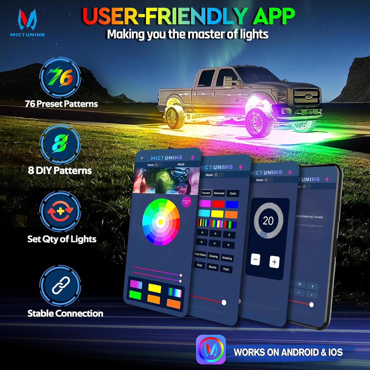 MICTUNING 2025 1000% Bright Q1 MAX RGB+IC Rock Lights, 20 Pods Chasing Dreamcolor Extensible Underglow Multicolor Neon Light Underbody Lighting Kit with APP Control for Truck ATV UTV Boat