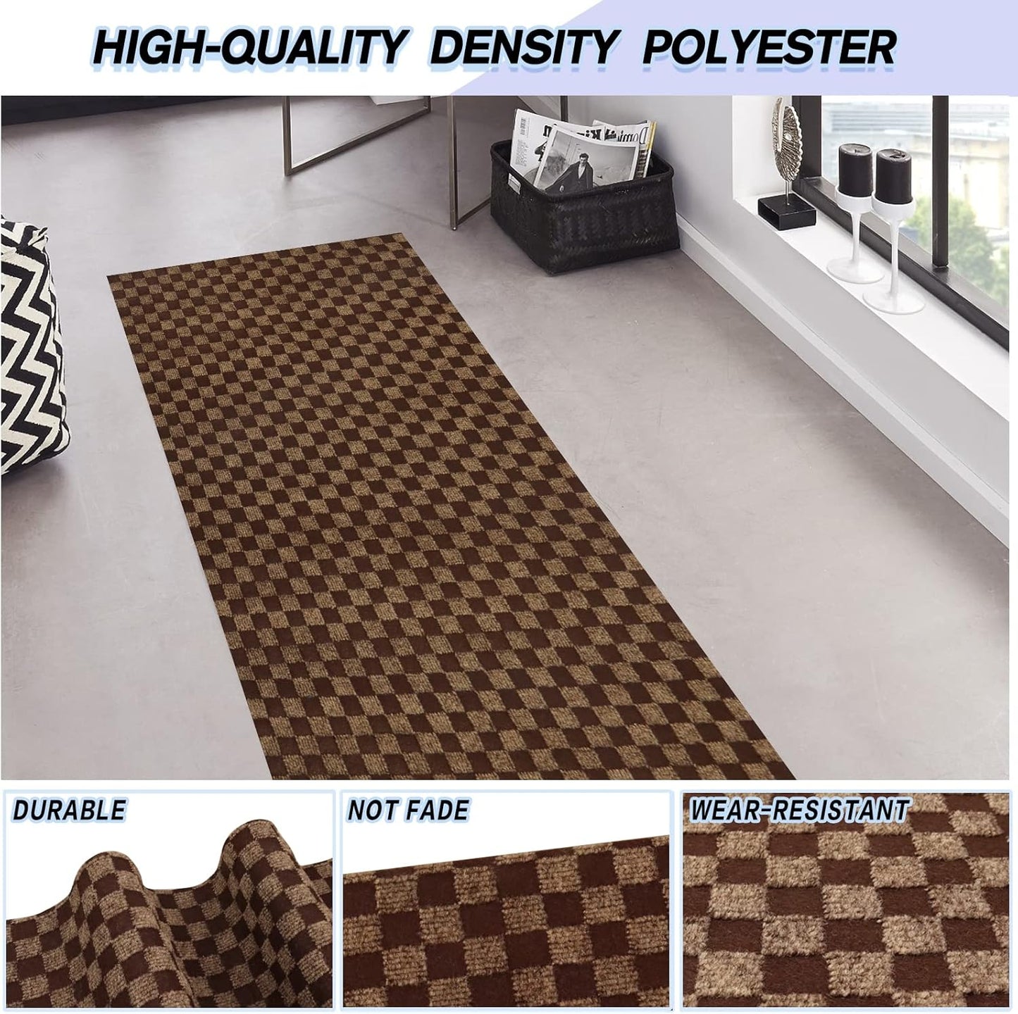 Custom Size Backed Non-Slip Area Rugs Runner, Easy Clean, Waterproof Runner Rugs for Hallway Entryway, Kitchen, Laundry, 4FT x 72FT, Brown Checkered