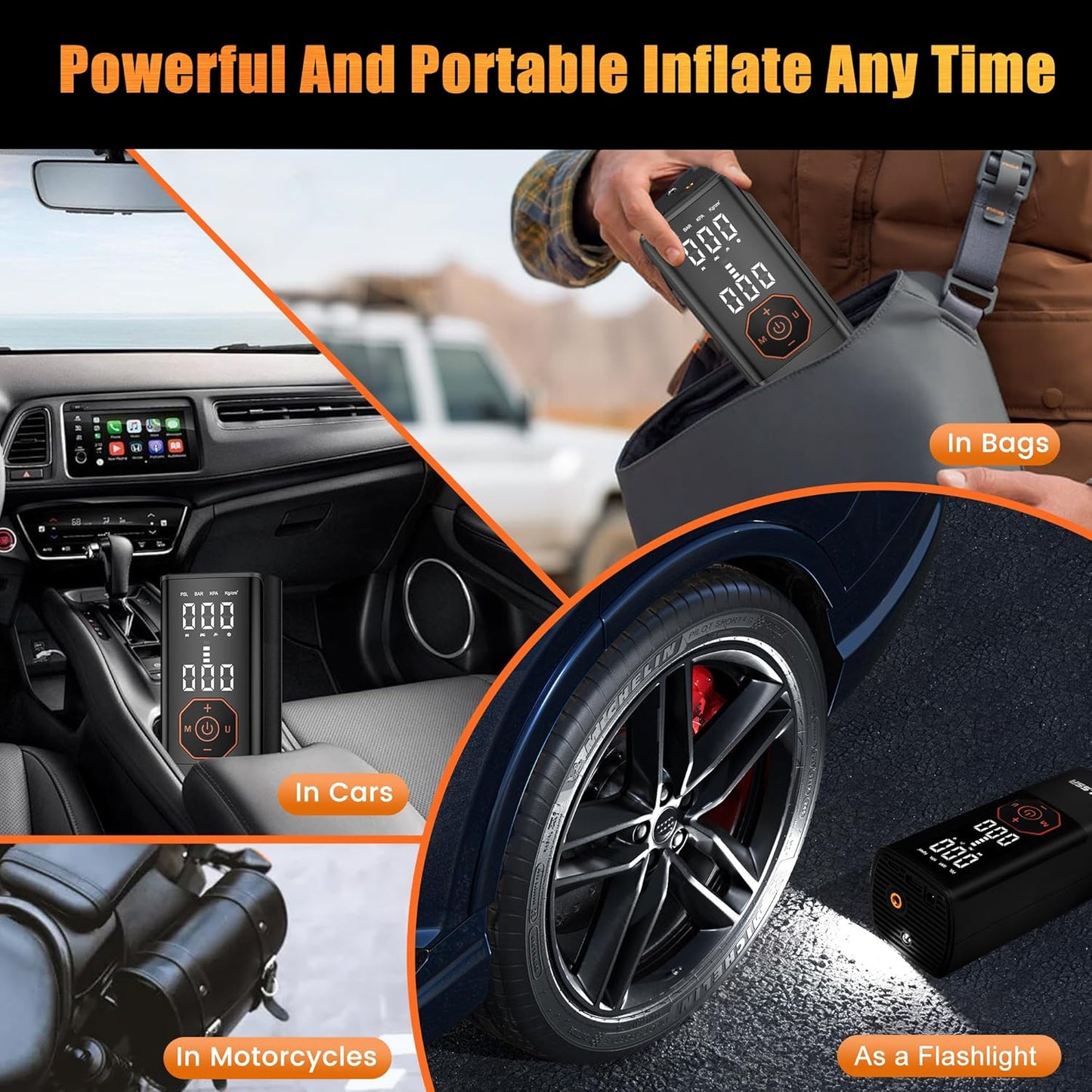 Tire Inflator Portable Air Compressor-180PSI Air Pump for Car Tires-Cordless Tire Pump with Pressure Gauge, Cigarette Lighter Plug for Motorcycle, Bike, Ball, Dual-Use Type