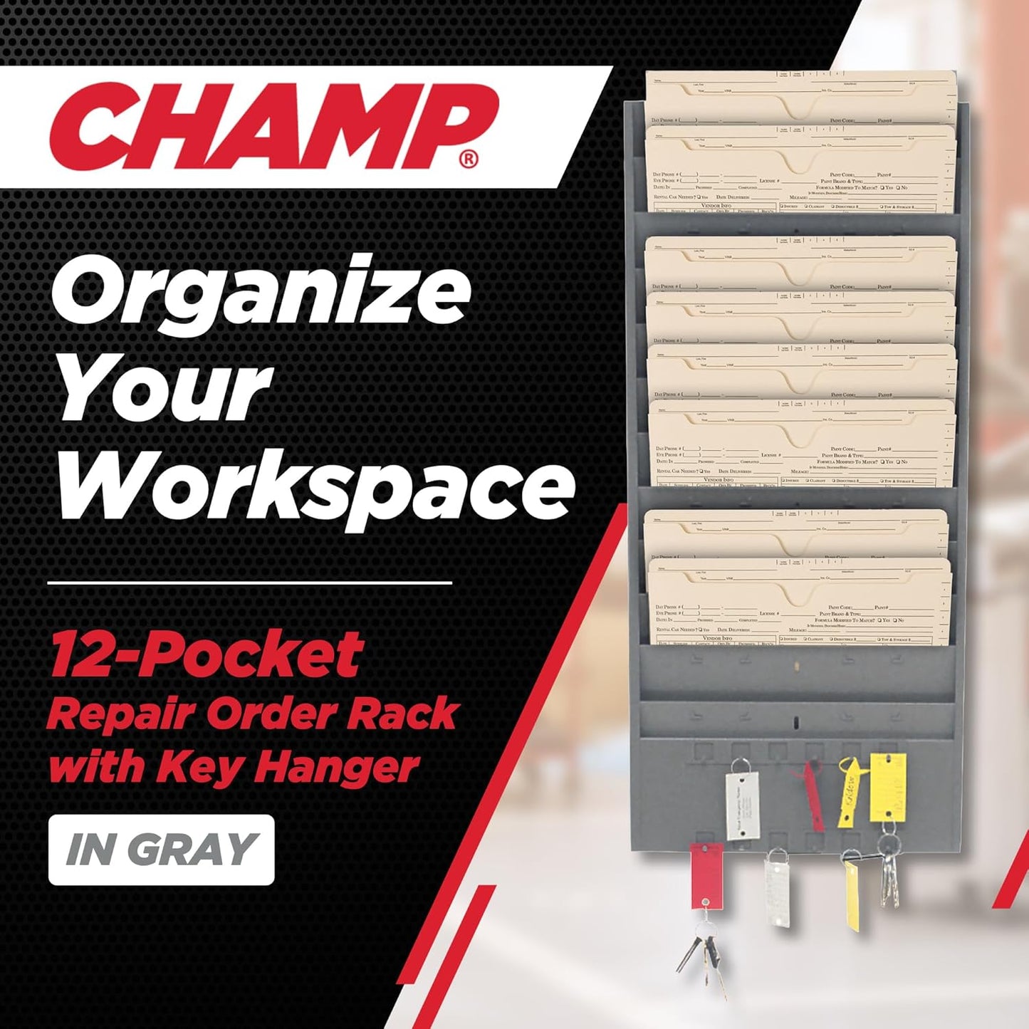 CHAMP® Repair Order Rack with Key Hanger, Heavy-Duty 12-Pocket Alloy Steel Wall Mount Organizer with 12 Key Hangers, Ideal for Auto Workshops and Garages - Gray