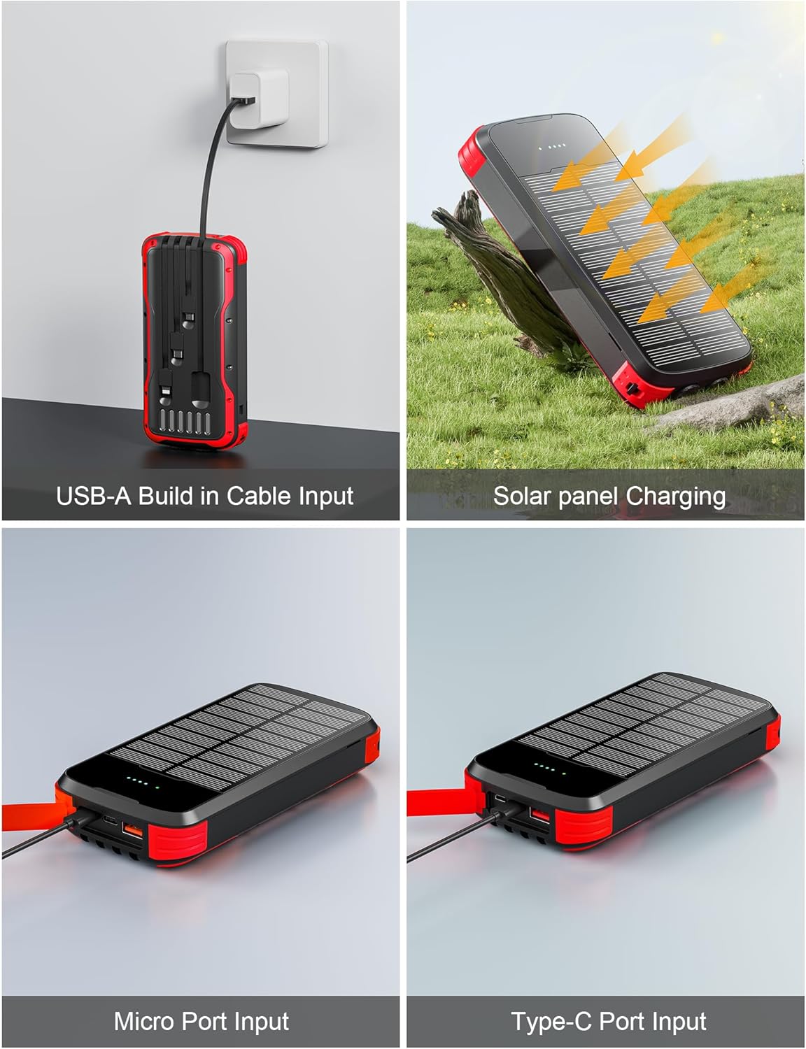 Solar Charger Power Bank, 40000mAh Portable Phone Charger Built in 4 Cables with USB C in/Output, PD 20W Fast Charging Portable Charger, External Battery Pack with Dual Bright Flashlights