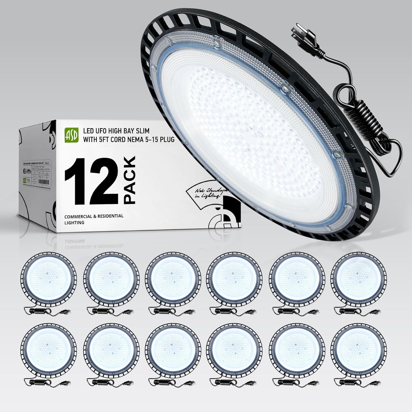 ASD LED High Bay UFO Light Fixture, Commercial Shop Lighting | Plug & Play Cable, IP65 Waterproof, ETL Listed | 150W 18000LM 5000K 100-277V | Warehouse, Garage, Workshop, Barn Lamp | Black, 12 Pack