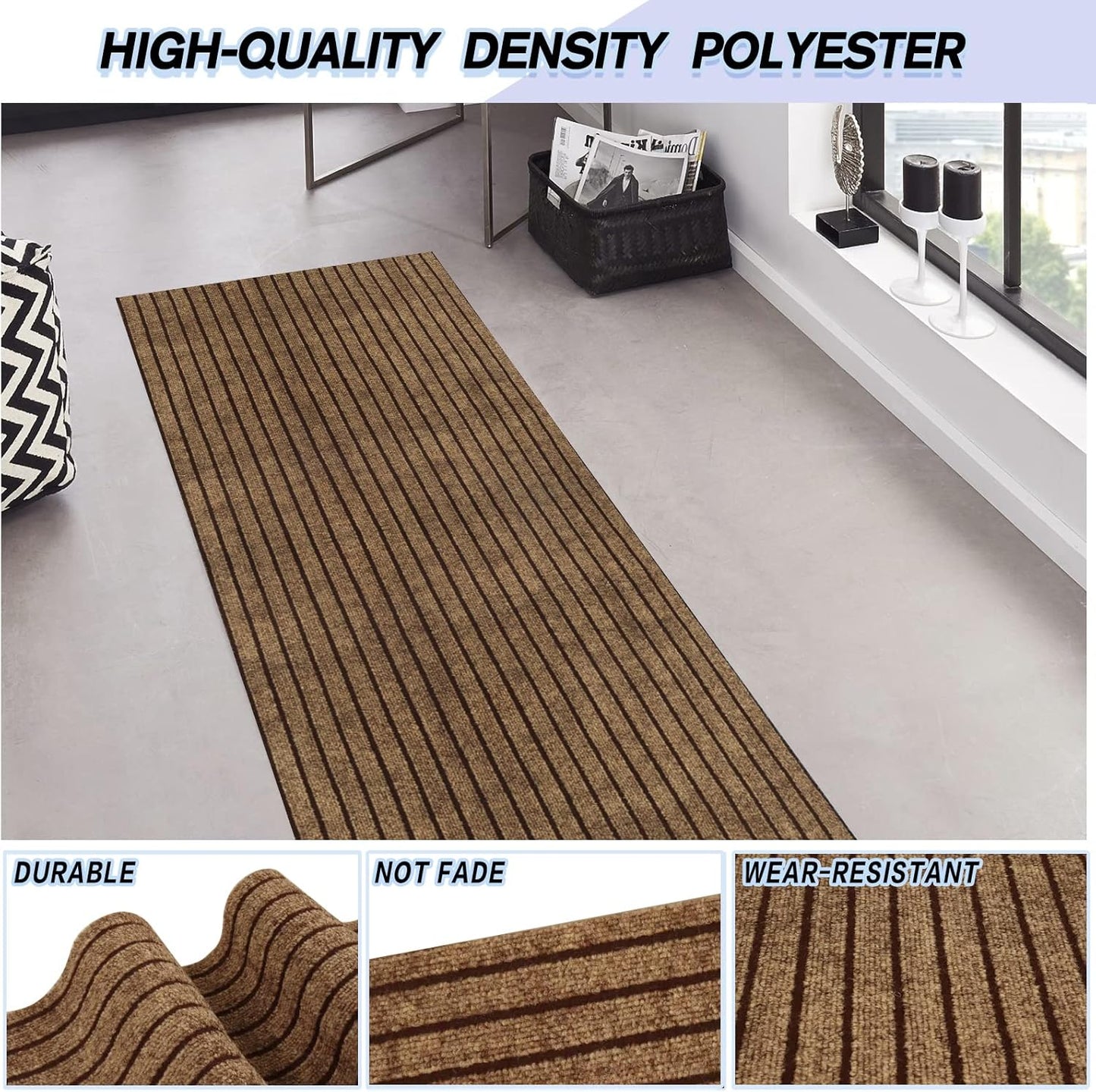 Custom Size Backed Non-Slip Area Rugs Runner, Easy Clean, Waterproof Runner Rugs for Hallway Entryway, Kitchen, Laundry, 3FT x 25FT, Brown Stripe