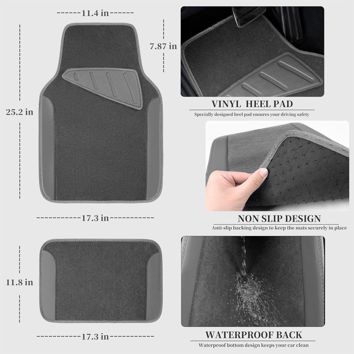 CAR PASS Waterproof Universal Fit Car Floor Mats, Car Mats Fit for SUV,Vans,sedans, Trucks,Set of 4pcs Car Carpet with Driver Heel Pad (All Gray)