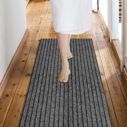 Custom Size Backed Non-Slip Area Rugs Runner, Easy Clean, Waterproof Runner Rugs for Hallway Entryway, Kitchen, Laundry, 2FT x 51FT, Gray Stripe