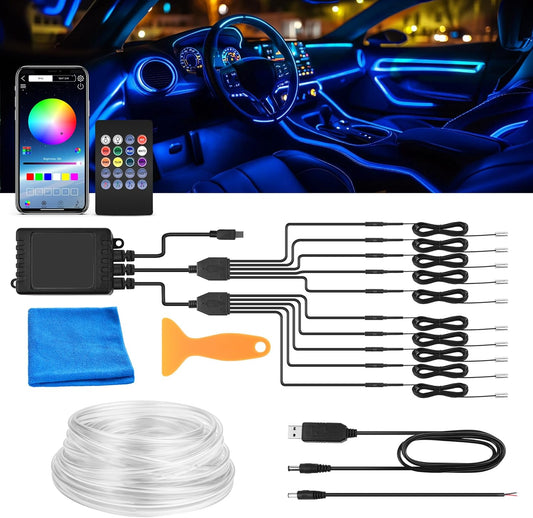 MICTUNING Car LED Interior Strip Light, 10 in 1 RGB Multicolor with 470 inches Fiber Optic Ambient Lighting Kits with Remote and APP Control, Car USB LED Strip Lights with Music Sync Mode