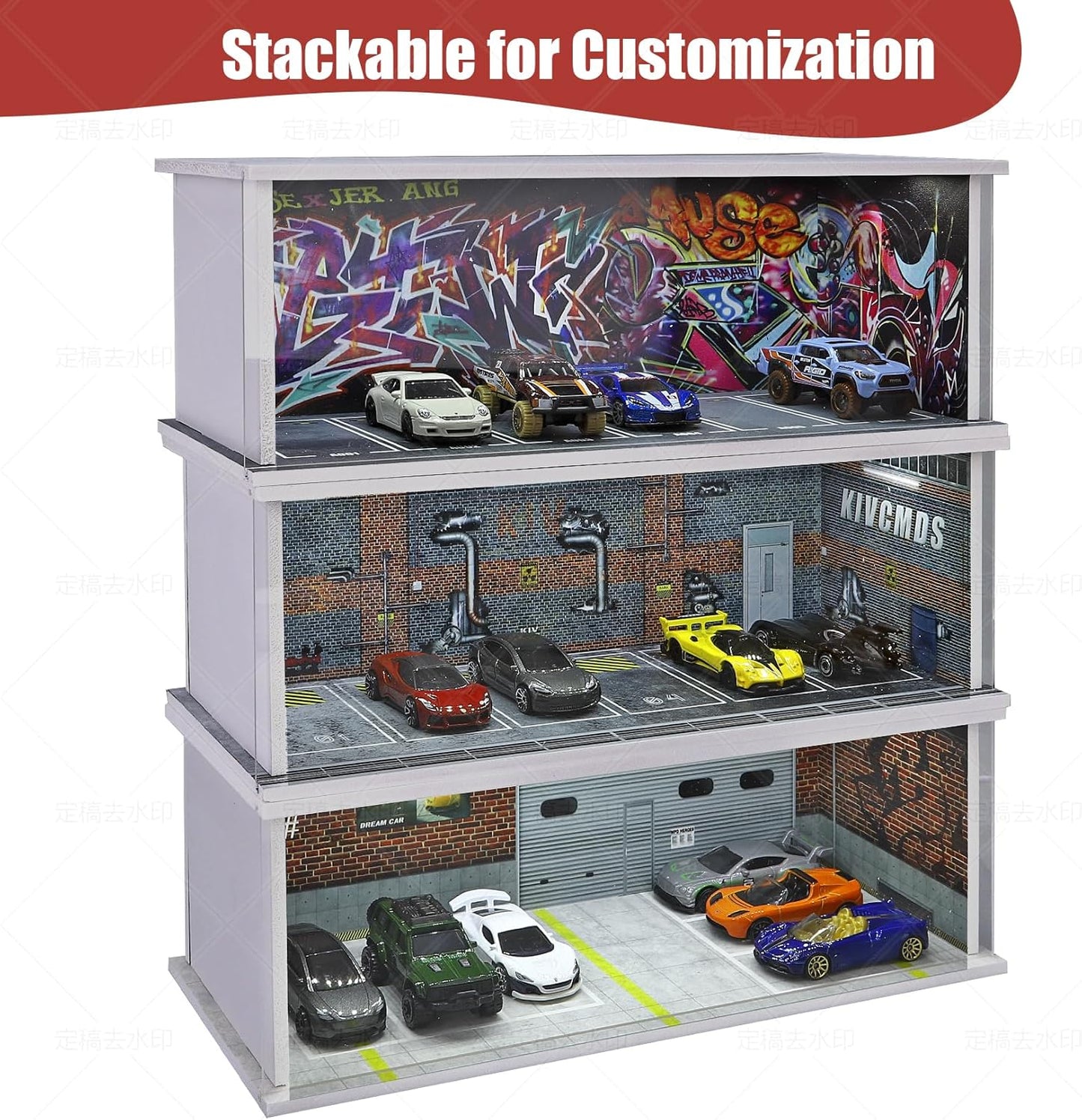 Display Case for Hot Wheels: Stackable Parking Garage for 1/64 Scale Matchbox Toy Car, Foamboard Storage for Monster Trucks with LED Light and Acrylic Cover, Depot