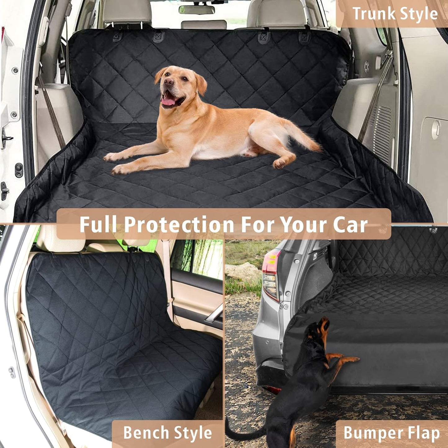 F-color SUV Cargo Liner for Dogs - Waterproof Pet Cargo Liner, Comfort Dog Cargo Cover with Bumper Flap Protector, Scrachproof Non-Slip Universal Fit SUVs Sedans Trunks Vans, Black