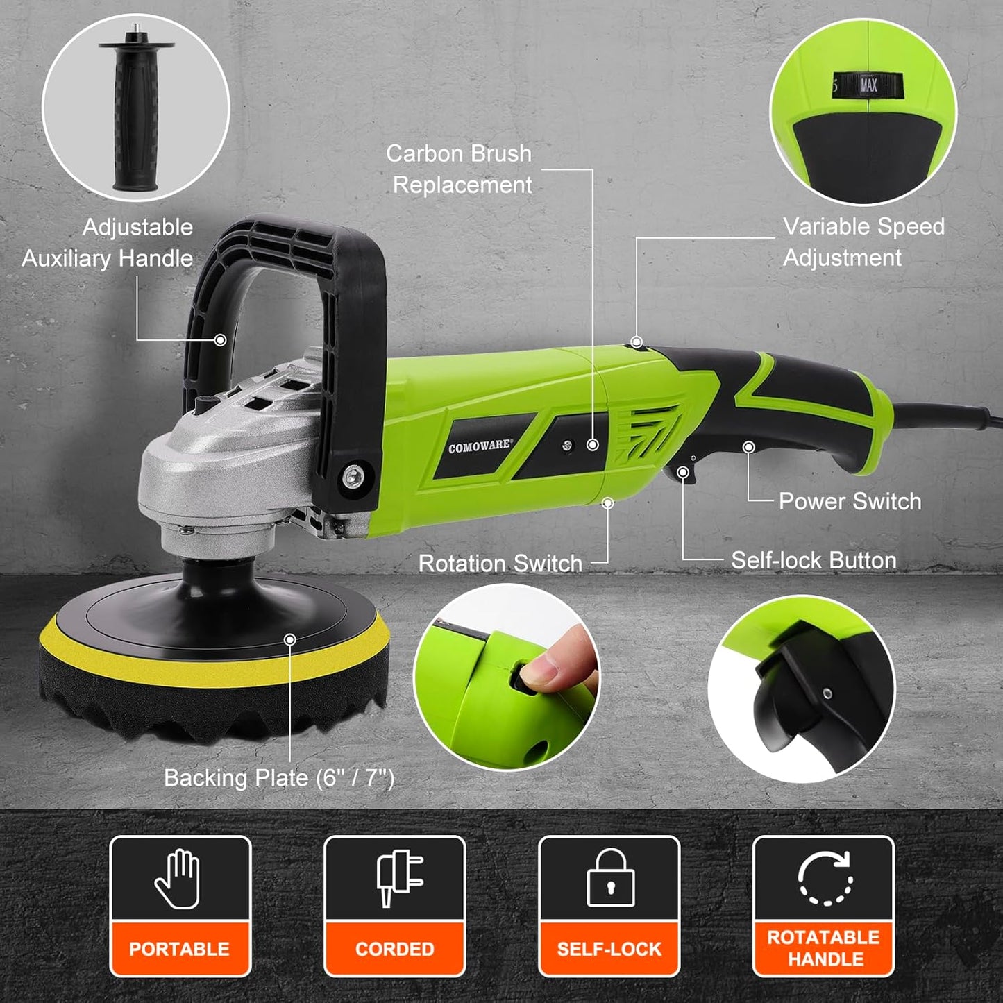 COMOWARE 1300W Professional Car Buffer Polisher - 6-Speed Adj. (600-4000 RPM) with 7"/6" Backing Plates, Auto Detailing Tool for Sanding/Waxing/Polishing by Professionals