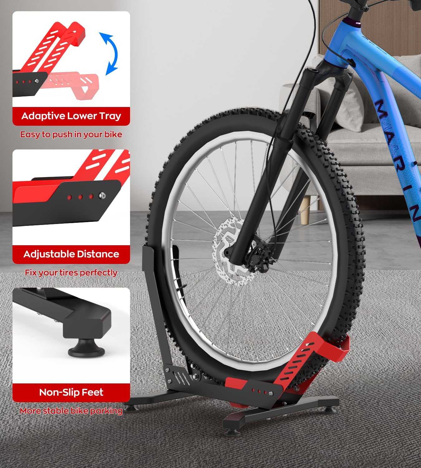 Bike Stand Floor, Portable Bike Rack for Garage 3.5" Wide Tire Indoor Bike Holder, Front and Rear Wheel Parking Rack Fit for 24"-29" Bike