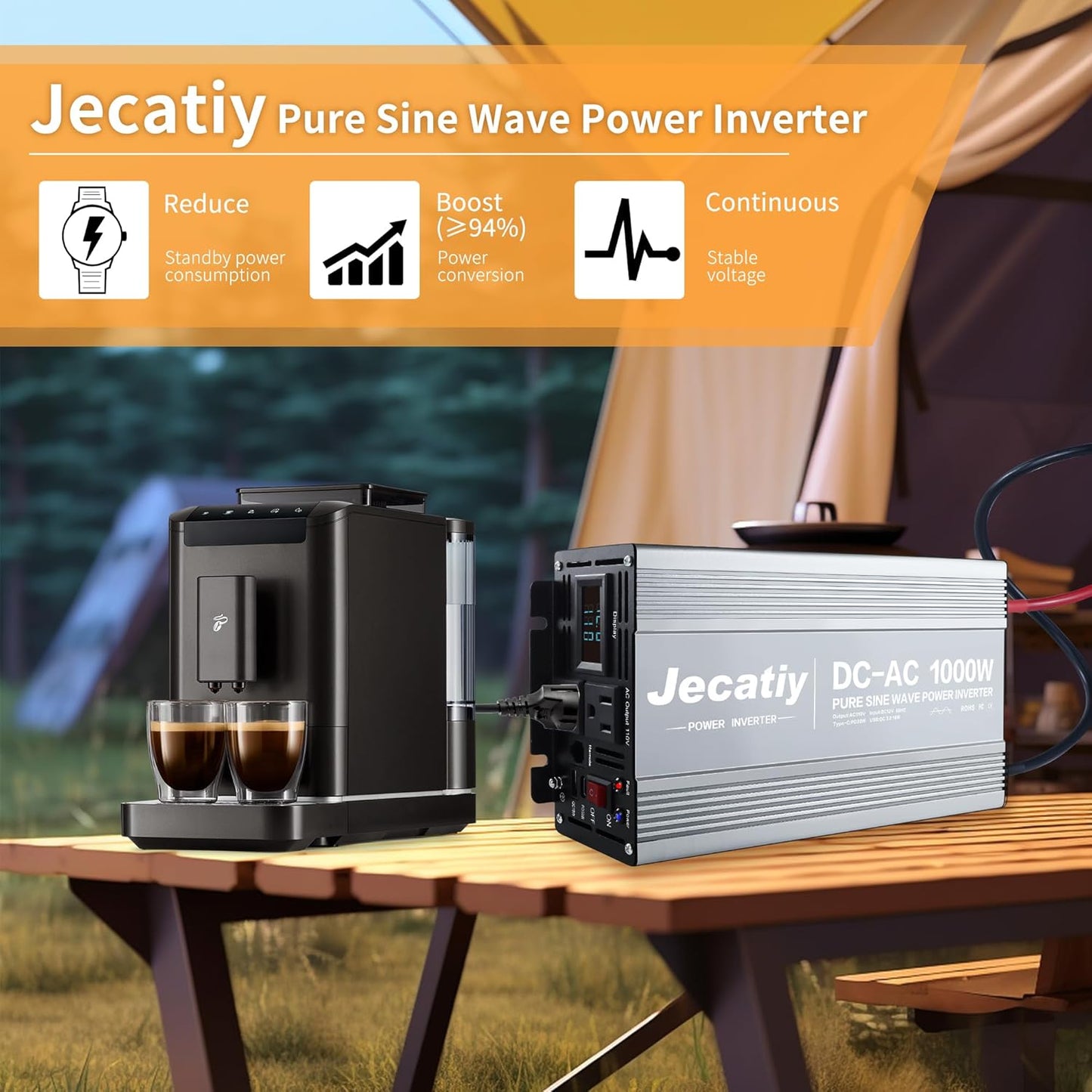 1000 Watt Pure Sine Wave Power Inverter DC 12V to 110V/120V AC Converter with 2 AC,18W USB, and 30W Type-C Charging Ports, Car Solar Power Inverters with LCD Display for Home RV Truck