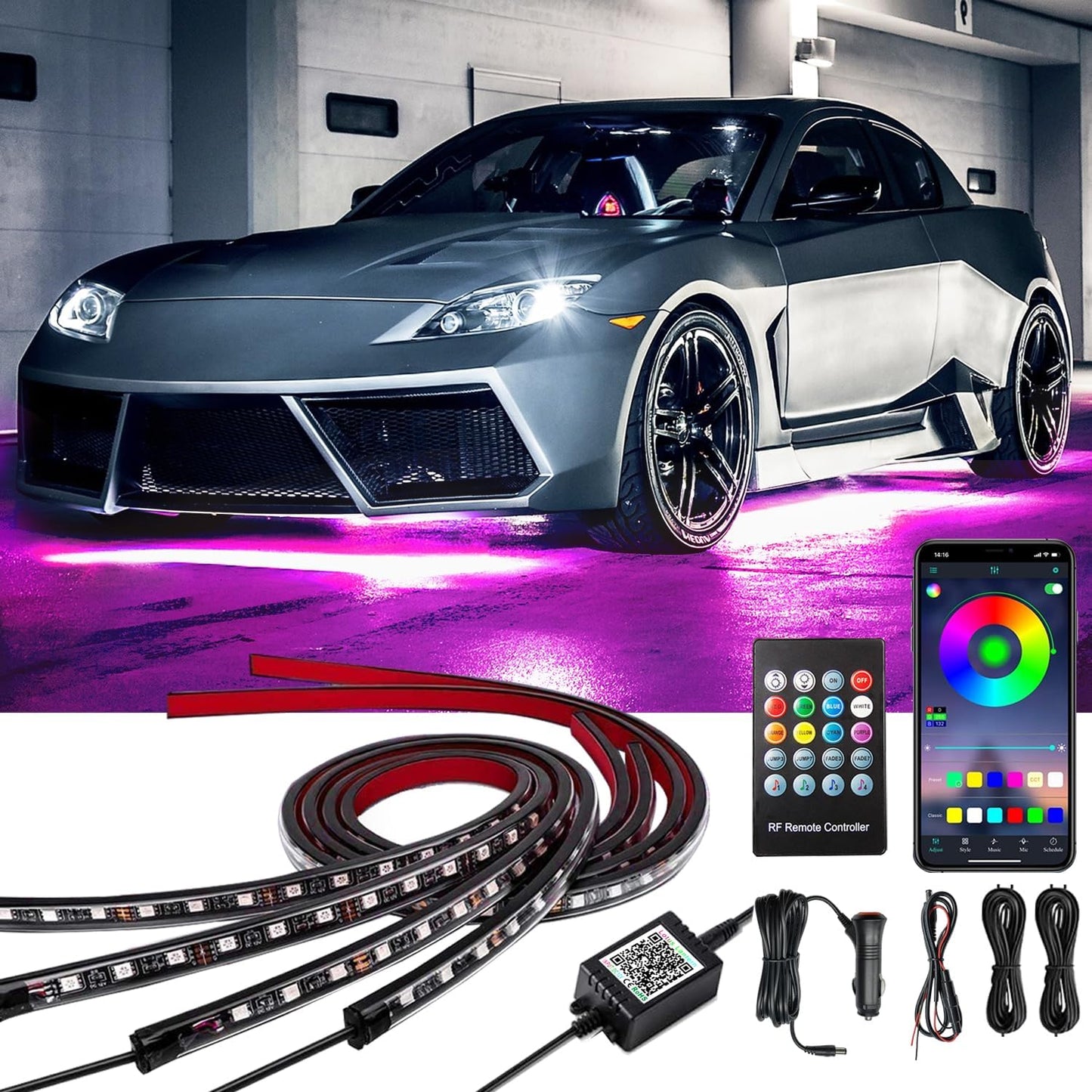 Exterior Car LED Strip Lights with App and RF Remote Control, 16 Million Colors Underglow Kit