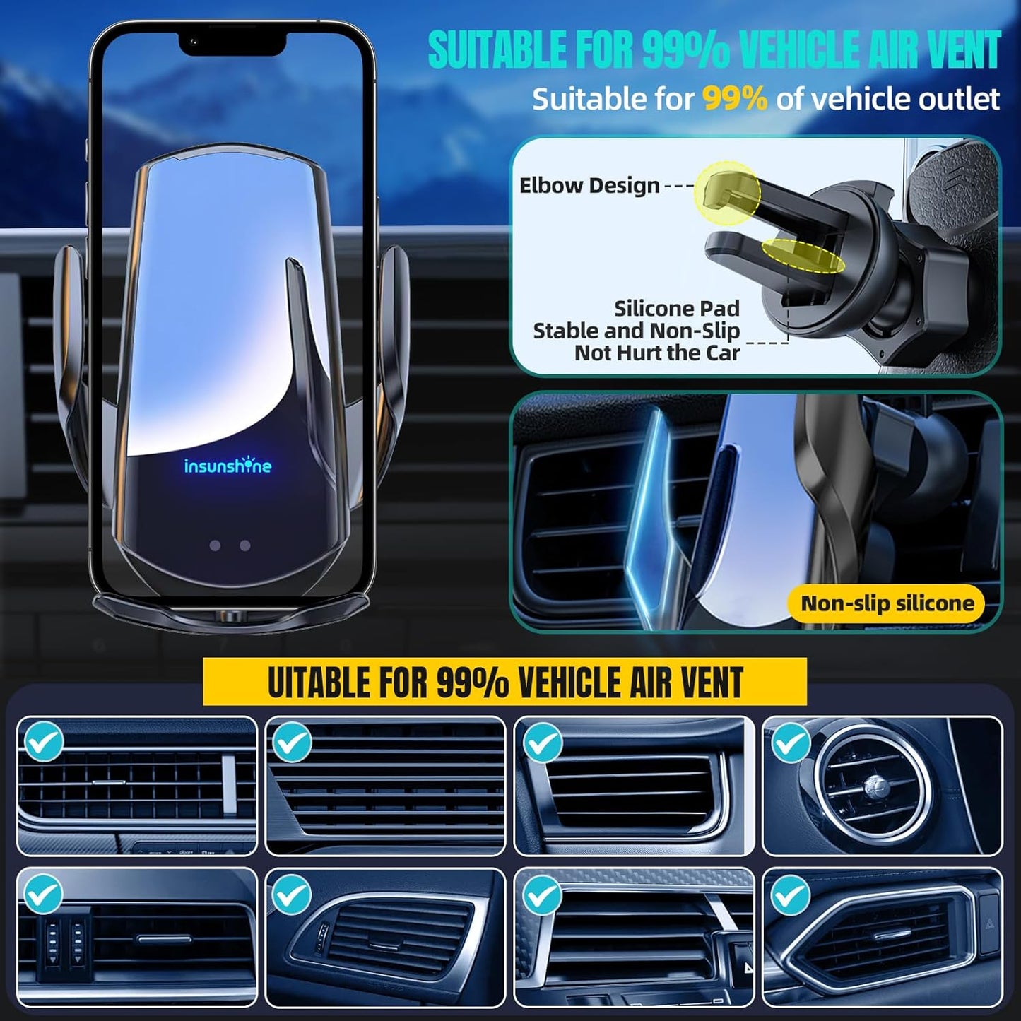 Wireless Car Charger, MAX 15W Fast Charging Auto Clamping, Sensing Phone Holder Mount, fit for iPhone 16 15 14 13 12 Pro Max Xs X, Samsung Galaxy S24 Ultra S23 S22 S21 S20 Note20 (2-Black)